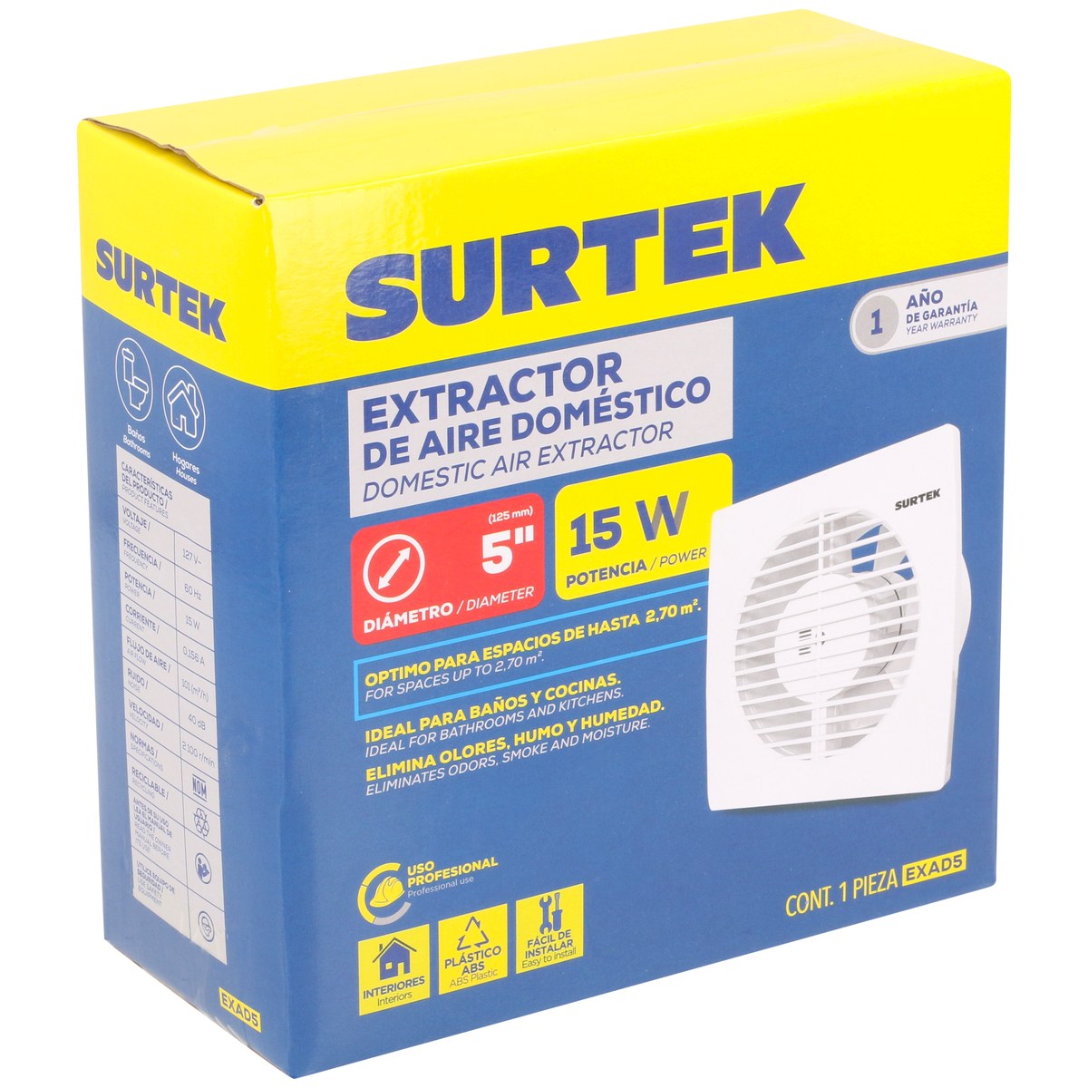 Extractor de aire domestico 5", 2.7m2 de alcance, 15 w, 101 m3/h, 40dB Surtek - Imagen 3