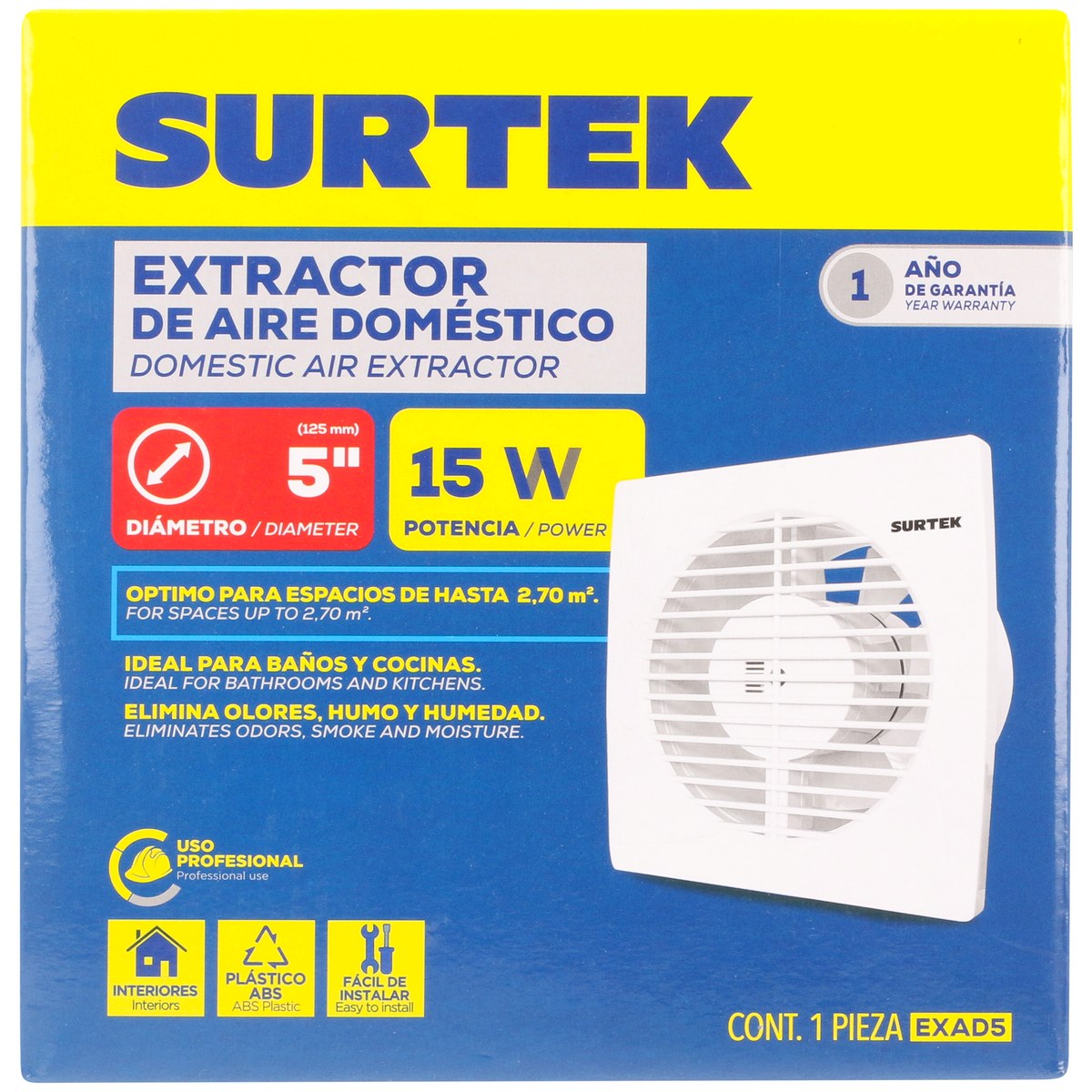 Extractor de aire domestico 5", 2.7m2 de alcance, 15 w, 101 m3/h, 40dB Surtek - Imagen 4