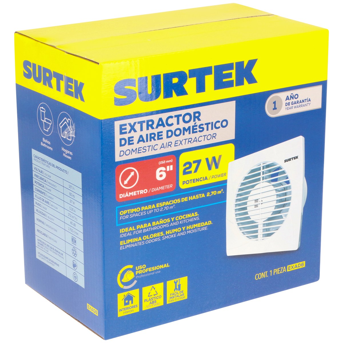 Extractor de aire domestico 6", 2.7m2 de alcance, 27 w, 173 m3/h, 40dB
			 Surtek - Imagen 3