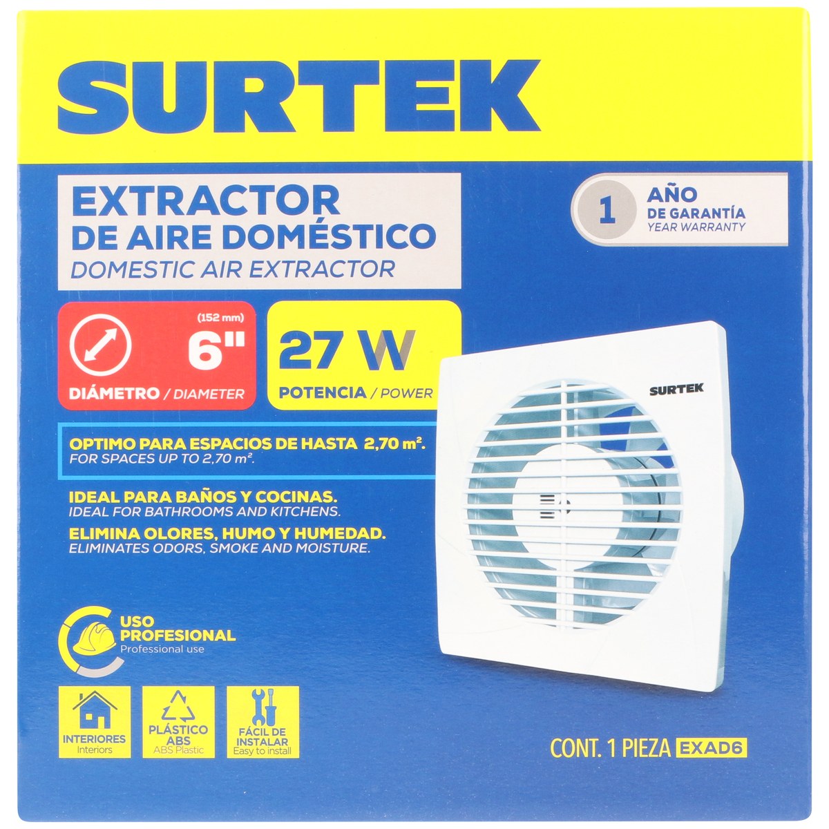 Extractor de aire domestico 6", 2.7m2 de alcance, 27 w, 173 m3/h, 40dB
			 Surtek - Imagen 4