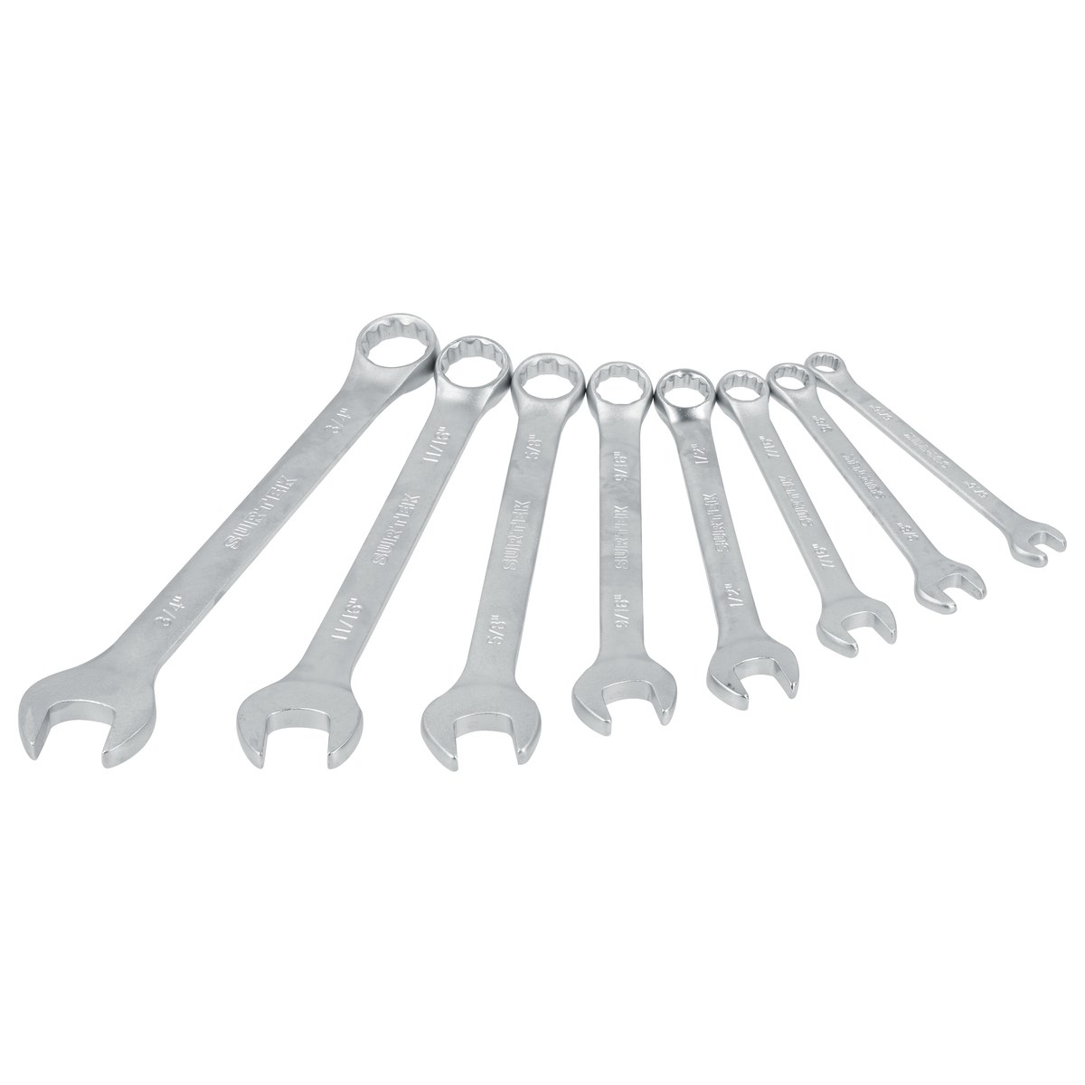 Juego de llaves combinadas satinadas en pulgadas, 12 puntas, 8 piezas en rack Surtek