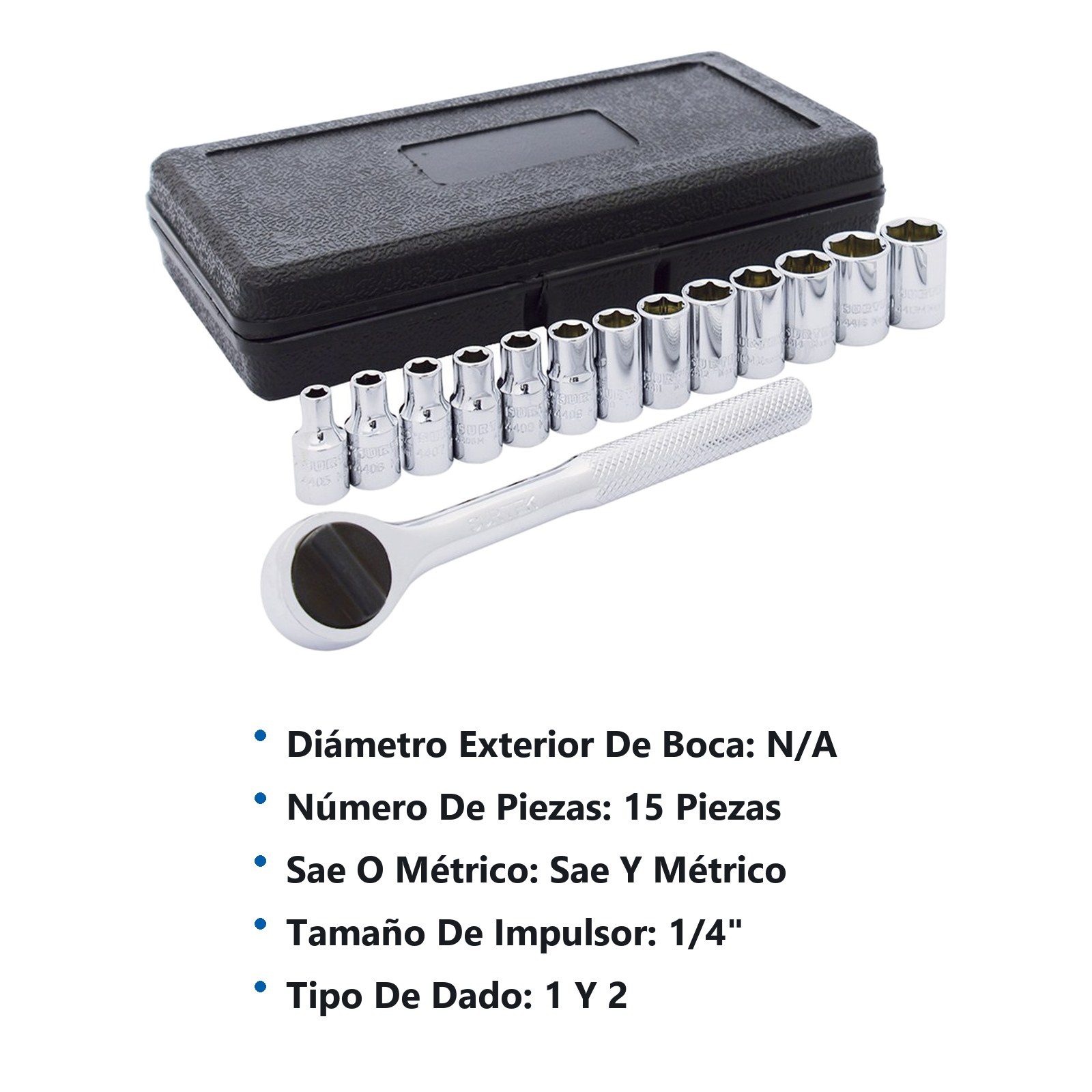 Juego de dados y accesorios cuadro de 1/4" combinado, 15 piezas Surtek - Imagen 3