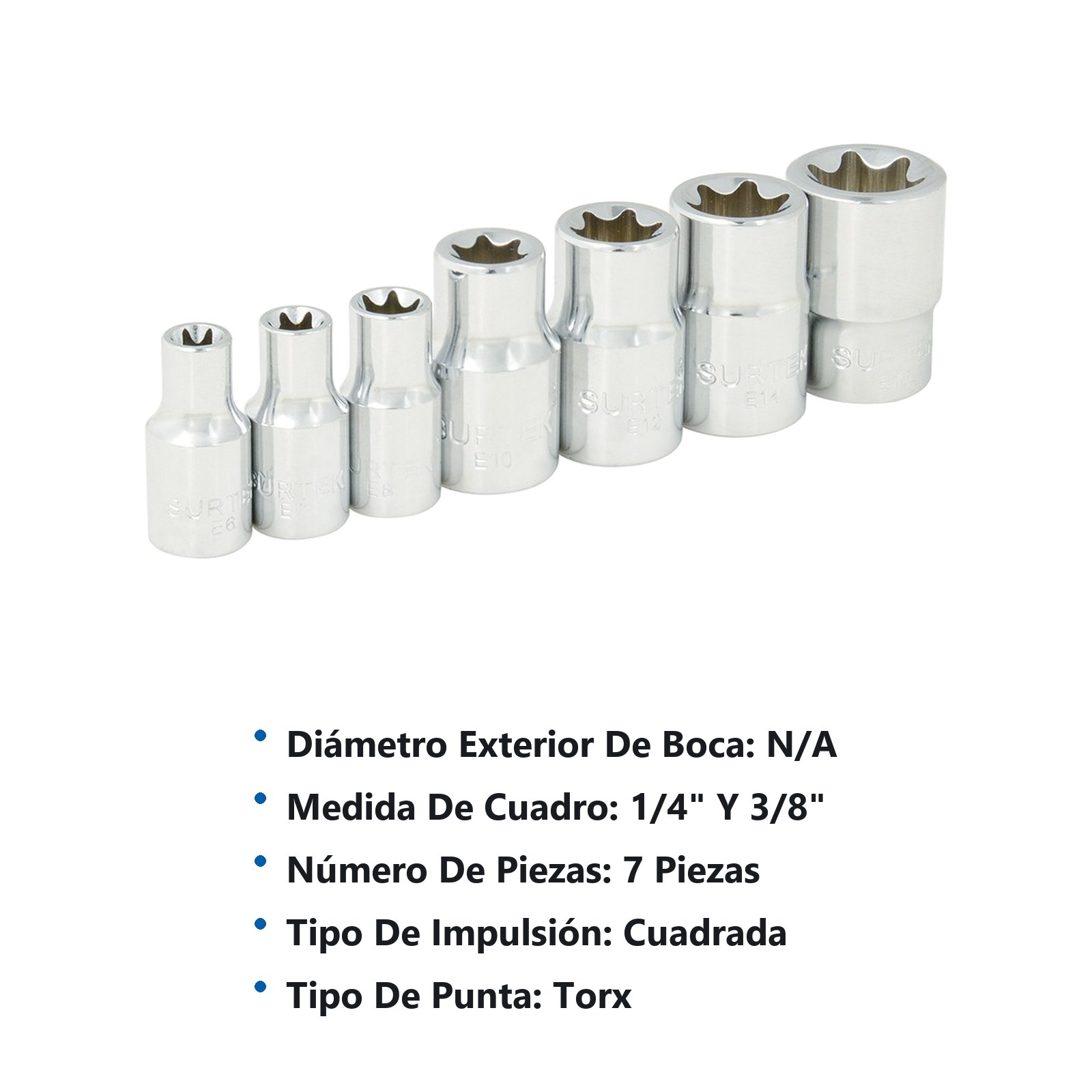 Juego de dados con punta torx hembra cuadro de 1/4" y 3/8, 7 piezas Surtek - Imagen 3