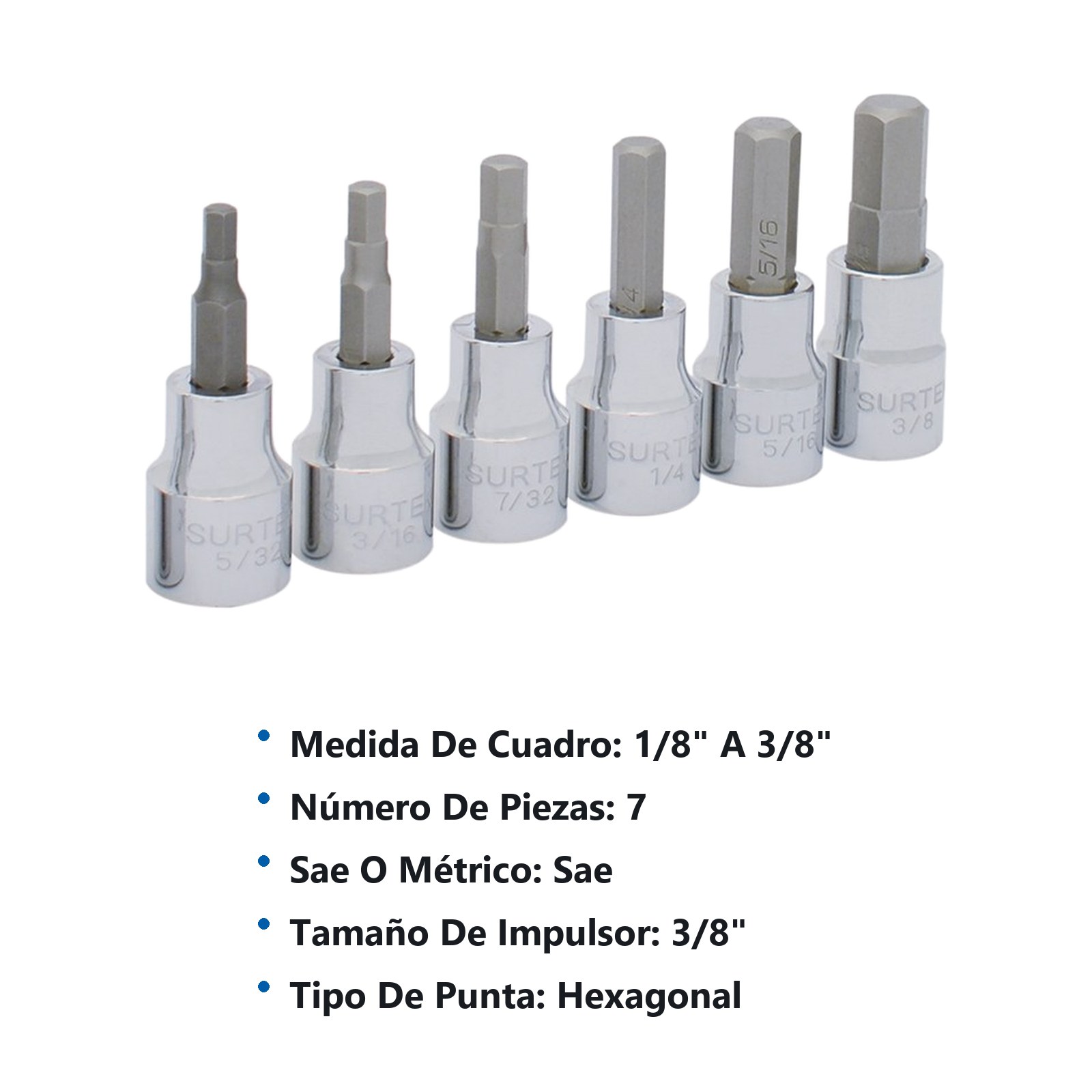 Juego de dados punta hexagonal cuadro de 3/8", en pulgadas, 7 piezas Surtek - Imagen 3
