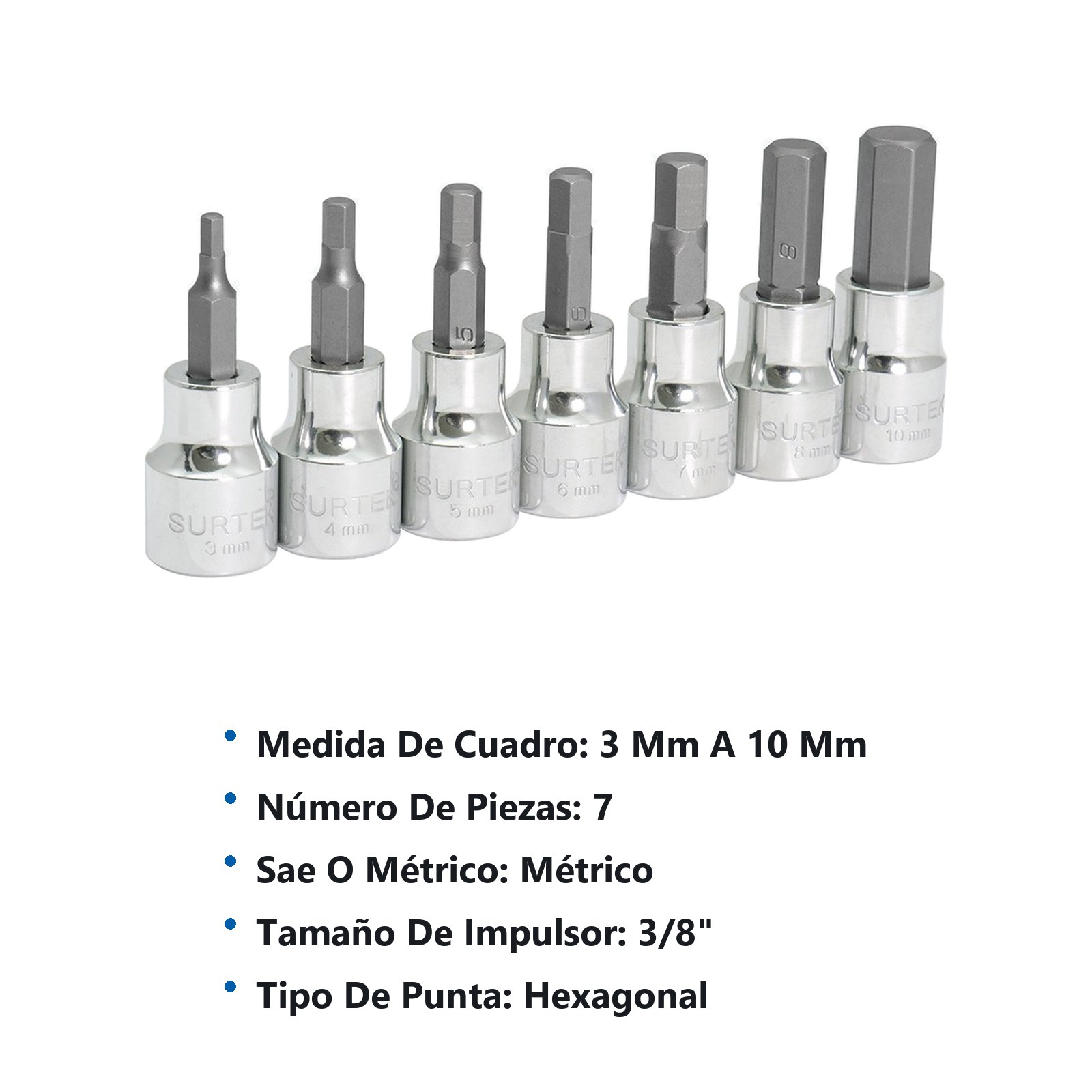 Juego de dados punta hexagonal cuadro de 3/8", métricos, 7 piezas Surtek - Imagen 2