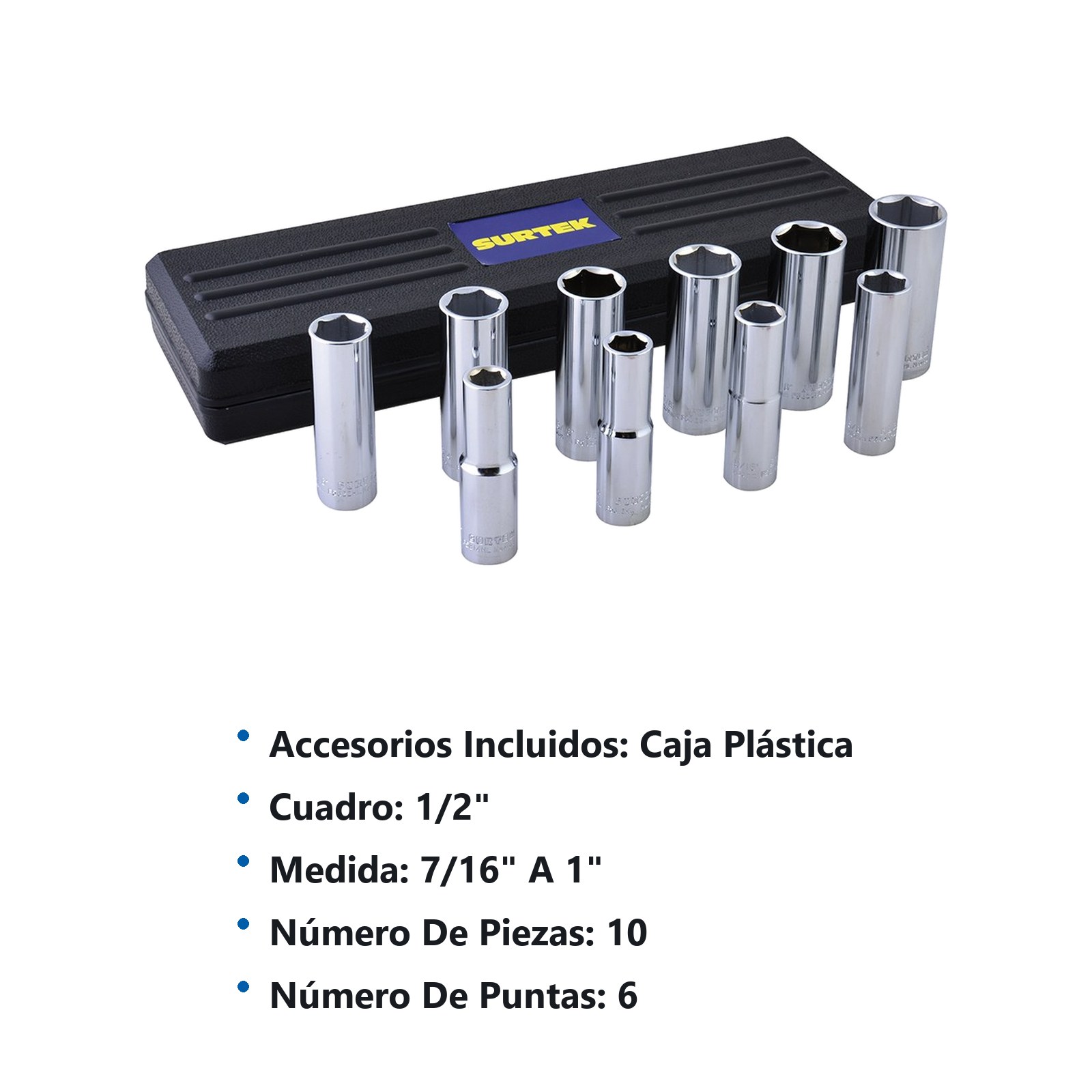 Juego de dados largos cuadro de 1/2" 6 puntas, en pulgadas, 10 piezas Surtek - Imagen 3