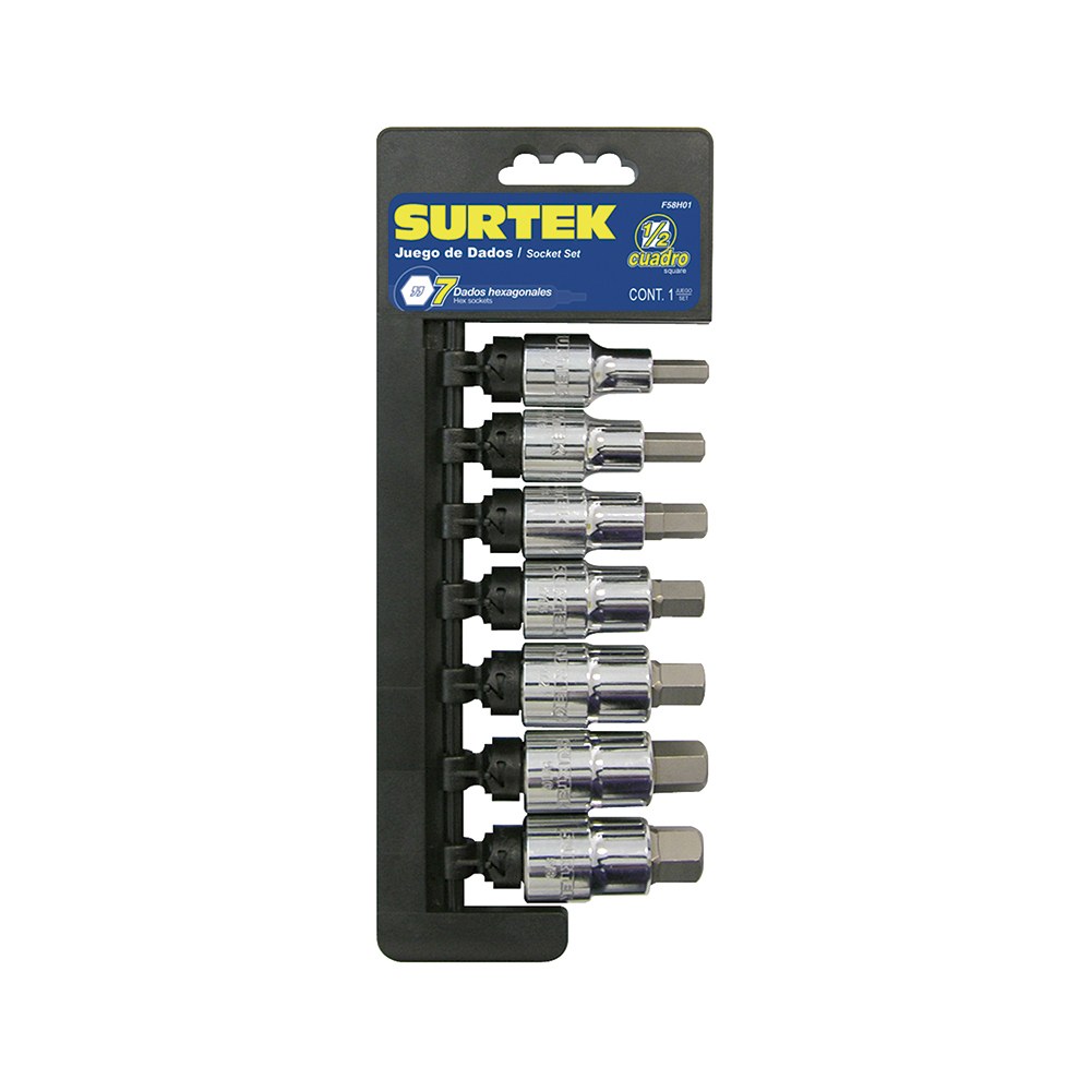 Juego de dados con punta hexagonal cuadro de 1/2", en pulgadas, 7 piezas Surtek