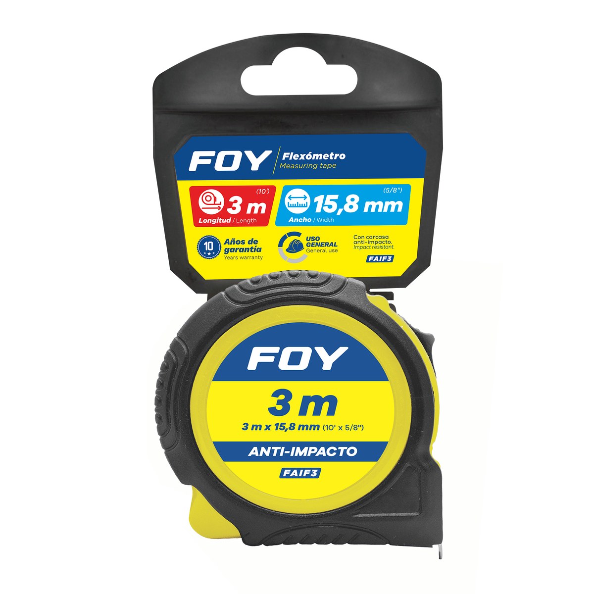 Flexómetro con carcasa anti-impacto color amarillo, 3 m x 16 mm Foy - Imagen 2