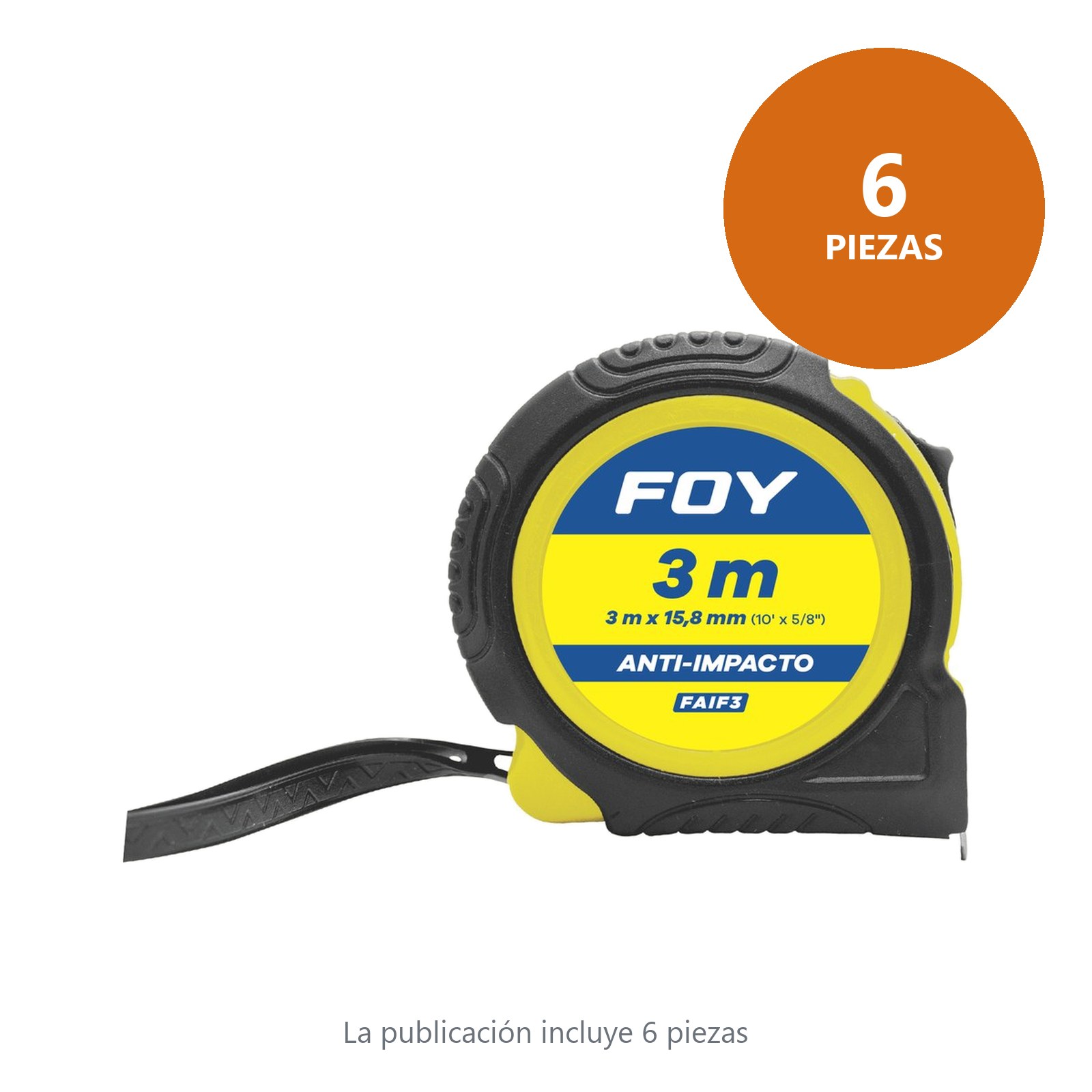 Flexómetro con carcasa anti-impacto color amarillo, 3 m x 16 mm Foy - Imagen 3
