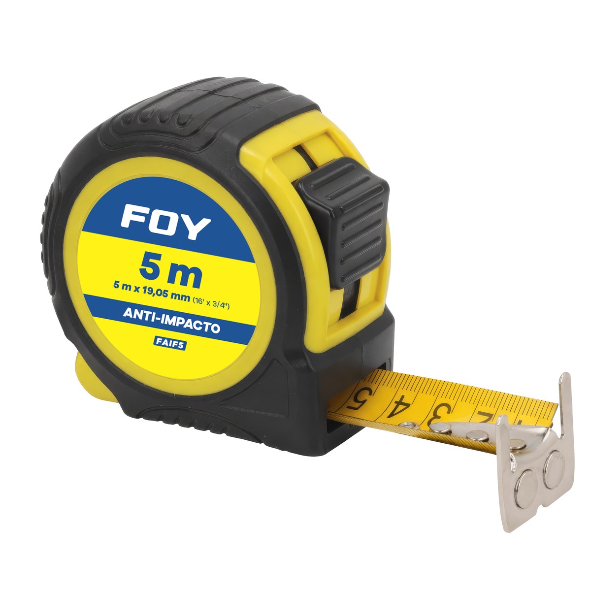 Flexómetro con carcasa anti-impacto color amarillo, 5 m x 19 mm Foy