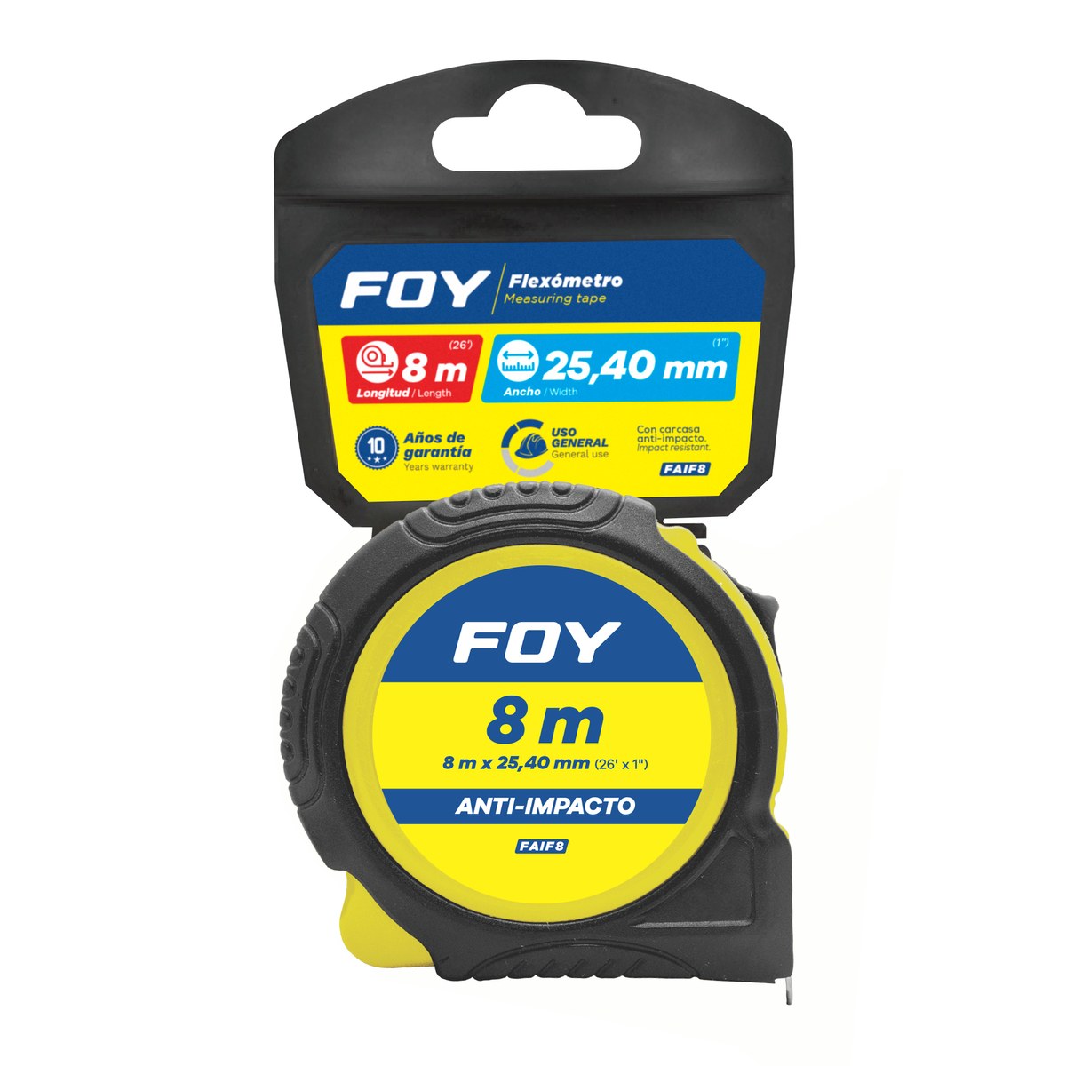 Flexómetro con carcasa anti-impacto color amarillo, 8 m x 25 mm Foy - Imagen 2