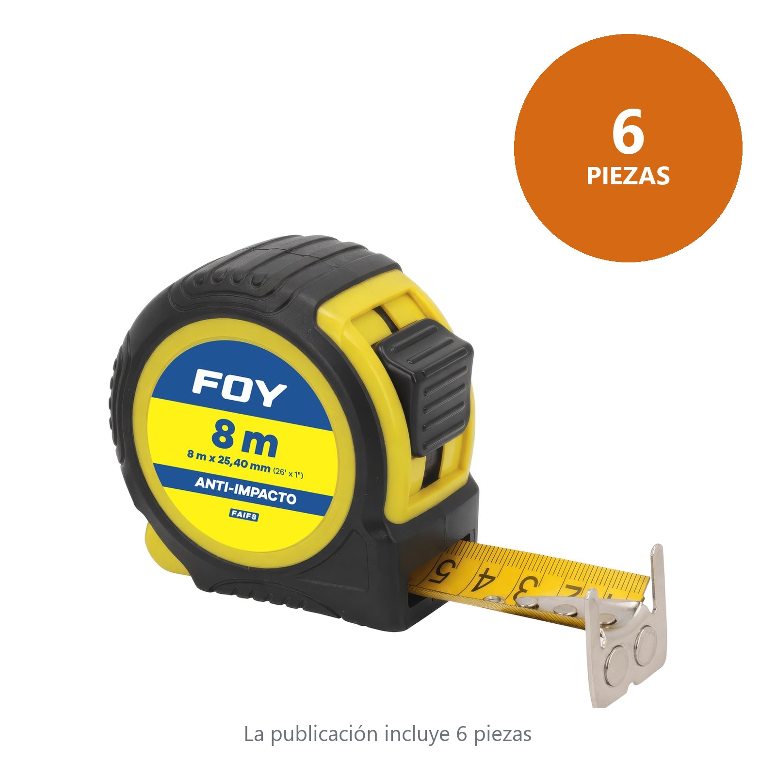 Flexómetro con carcasa anti-impacto color amarillo, 8 m x 25 mm Foy - Imagen 3