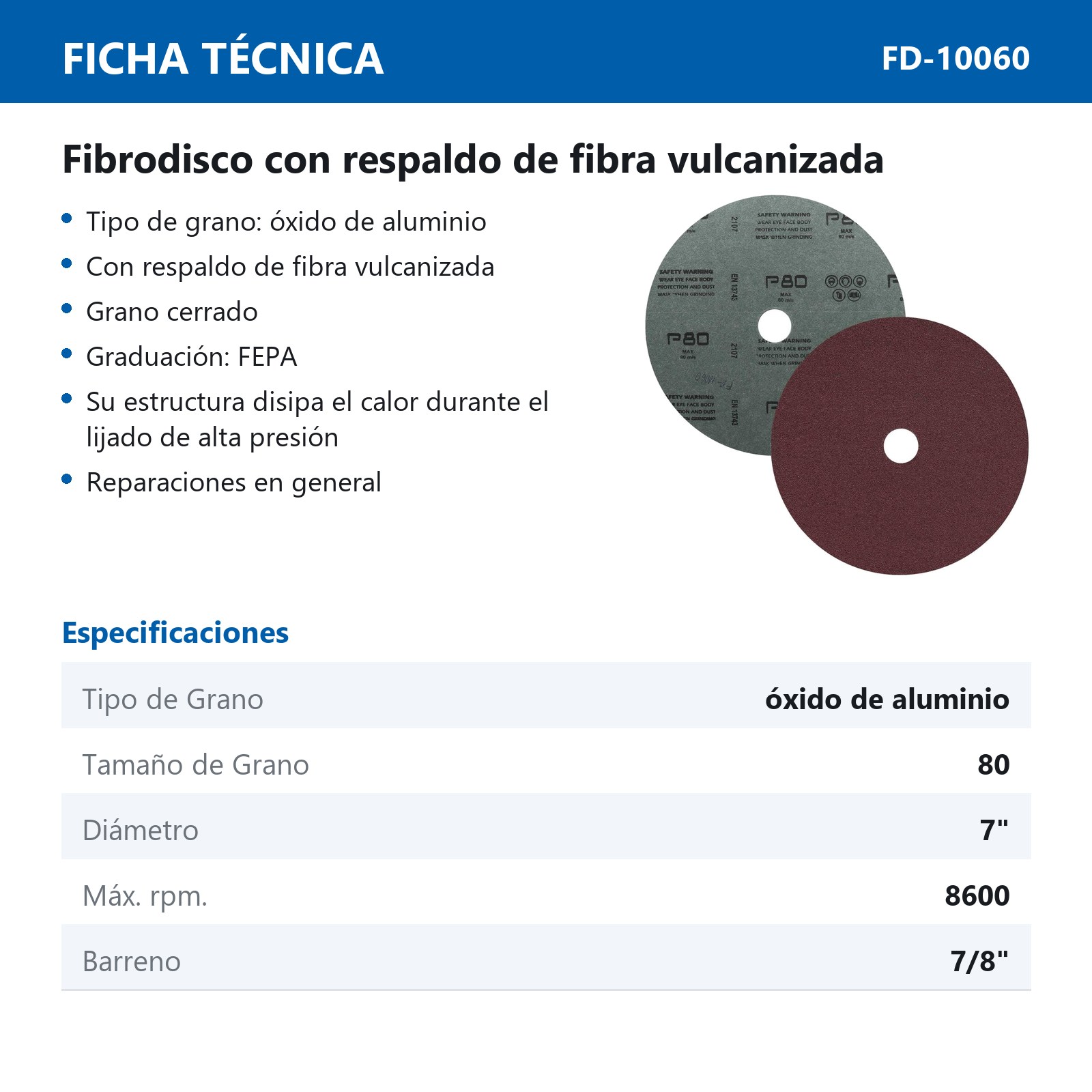 FIBRODISCO AO 7" X 7/8" G080 (Precio x pieza - Empaque c/25 pzas) - Imagen 4