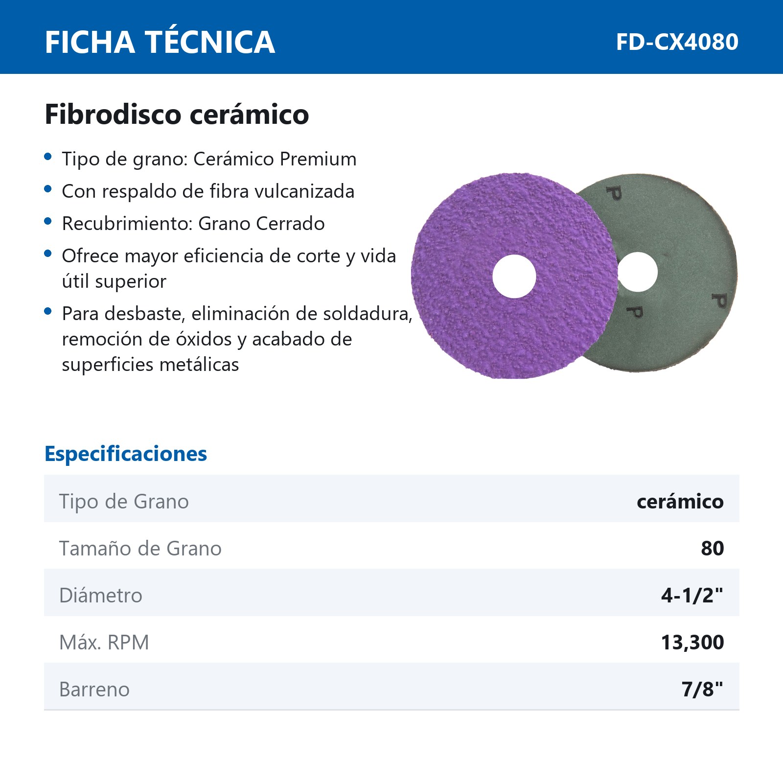 FIBRODISCO CERAMAX 4-1/2" X 7/8" G80 (Precio x pieza - Empaque c/25 pzas) - Imagen 3