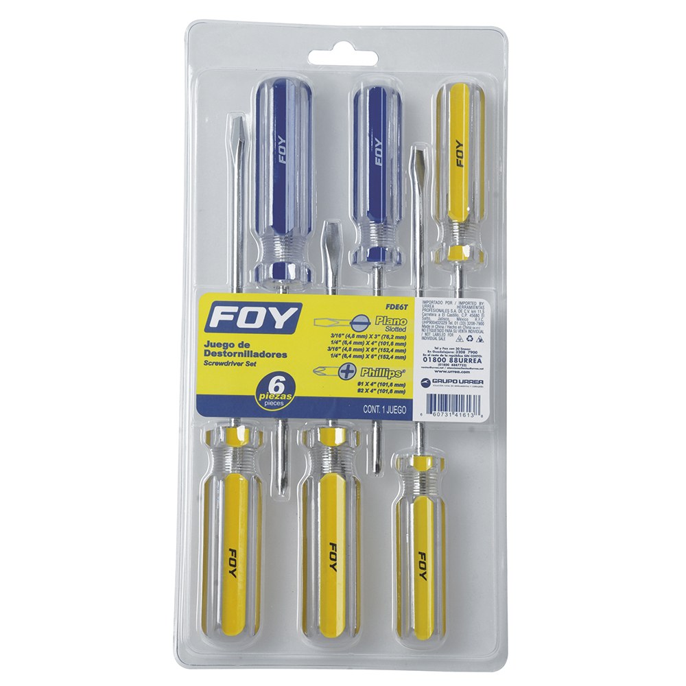 Juego de destornilladores con mango de PVC combinados, 6 piezas en blíster Foy