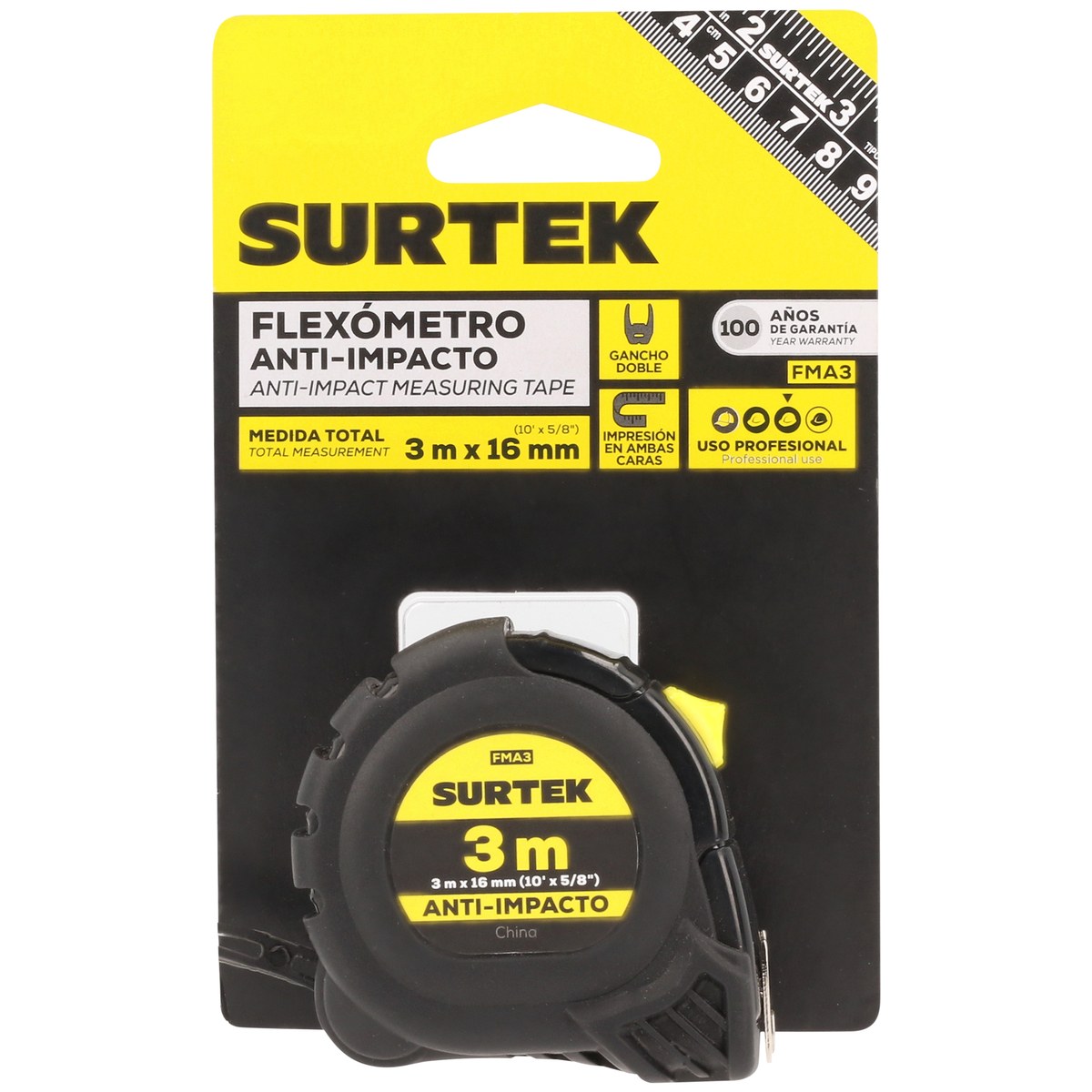 Flexómetro con carcasa anti-impacto cinta color negro 3 m x 16 mm Surtek - Imagen 2