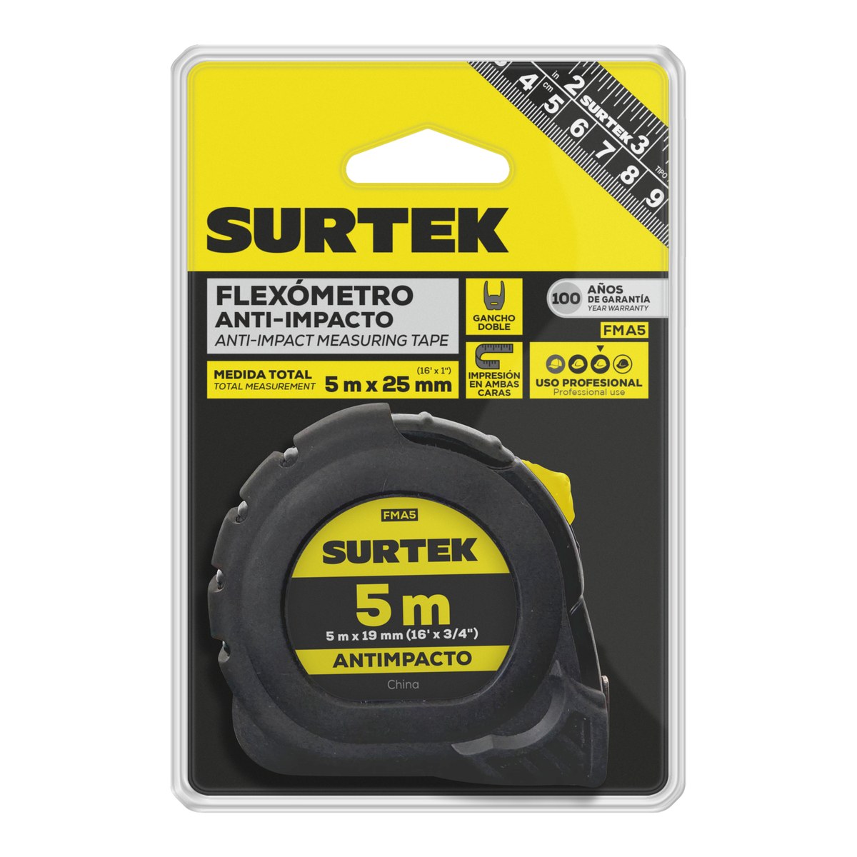 Flexómetro con carcasa anti-impacto cinta color negro 5 m x 25 mm Surtek - Imagen 2