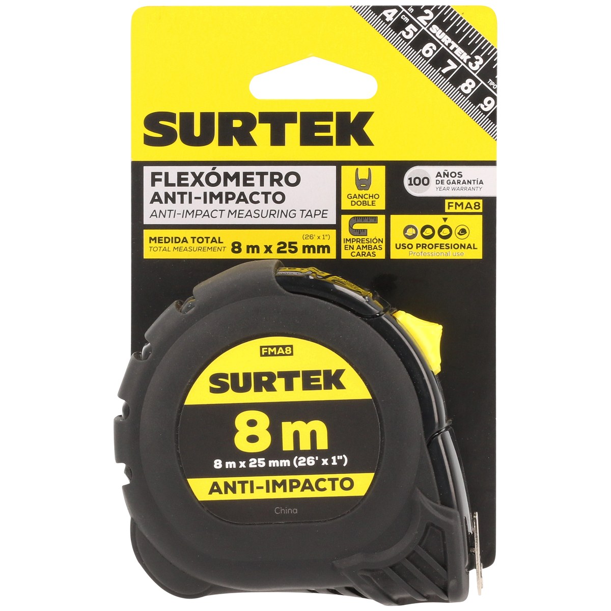 Flexómetro con carcasa anti-impacto cinta color negro 8 m x 25 mm Surtek - Imagen 2
