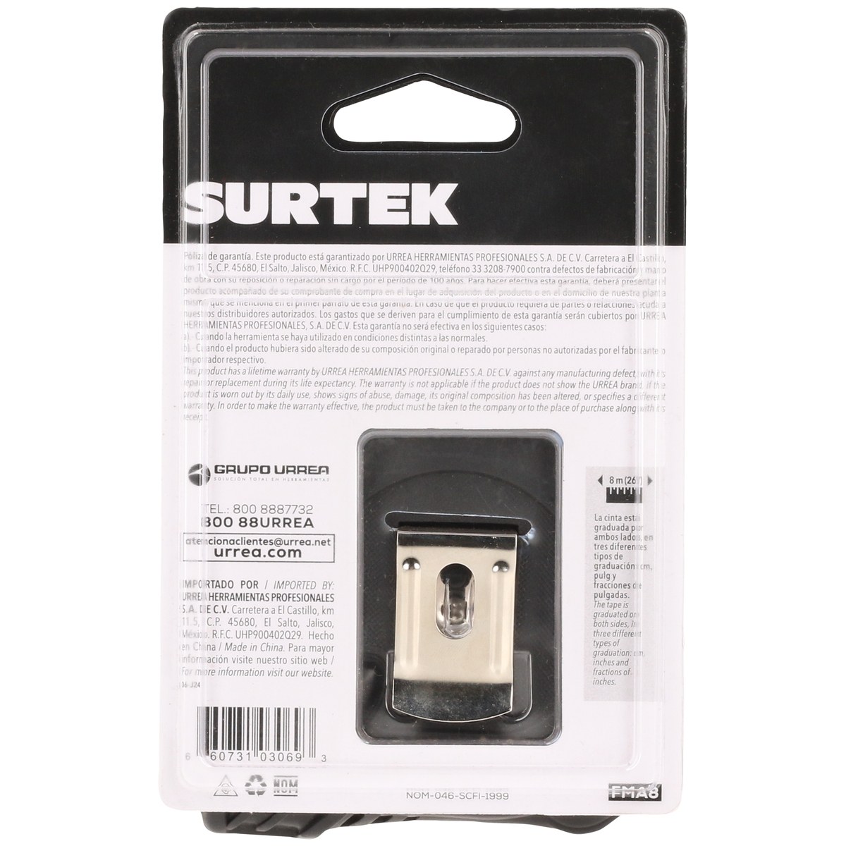 Flexómetro con carcasa anti-impacto cinta color negro 8 m x 25 mm Surtek - Imagen 3