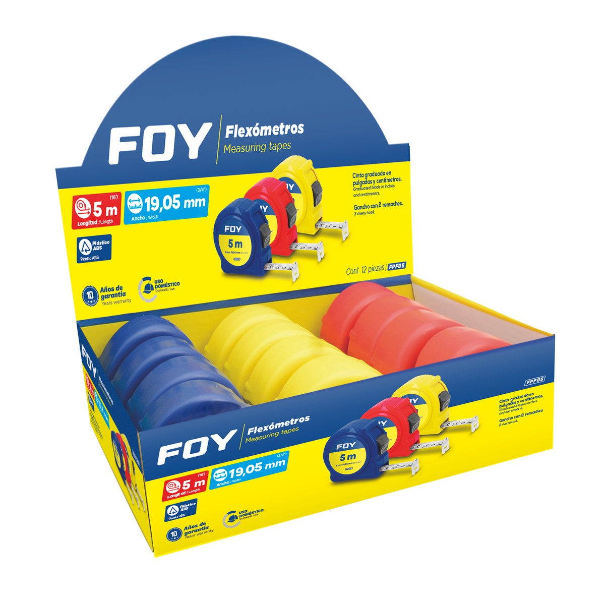 Flexómetros con carcasa de plástico colores en display, 5 m x 19 mm Foy