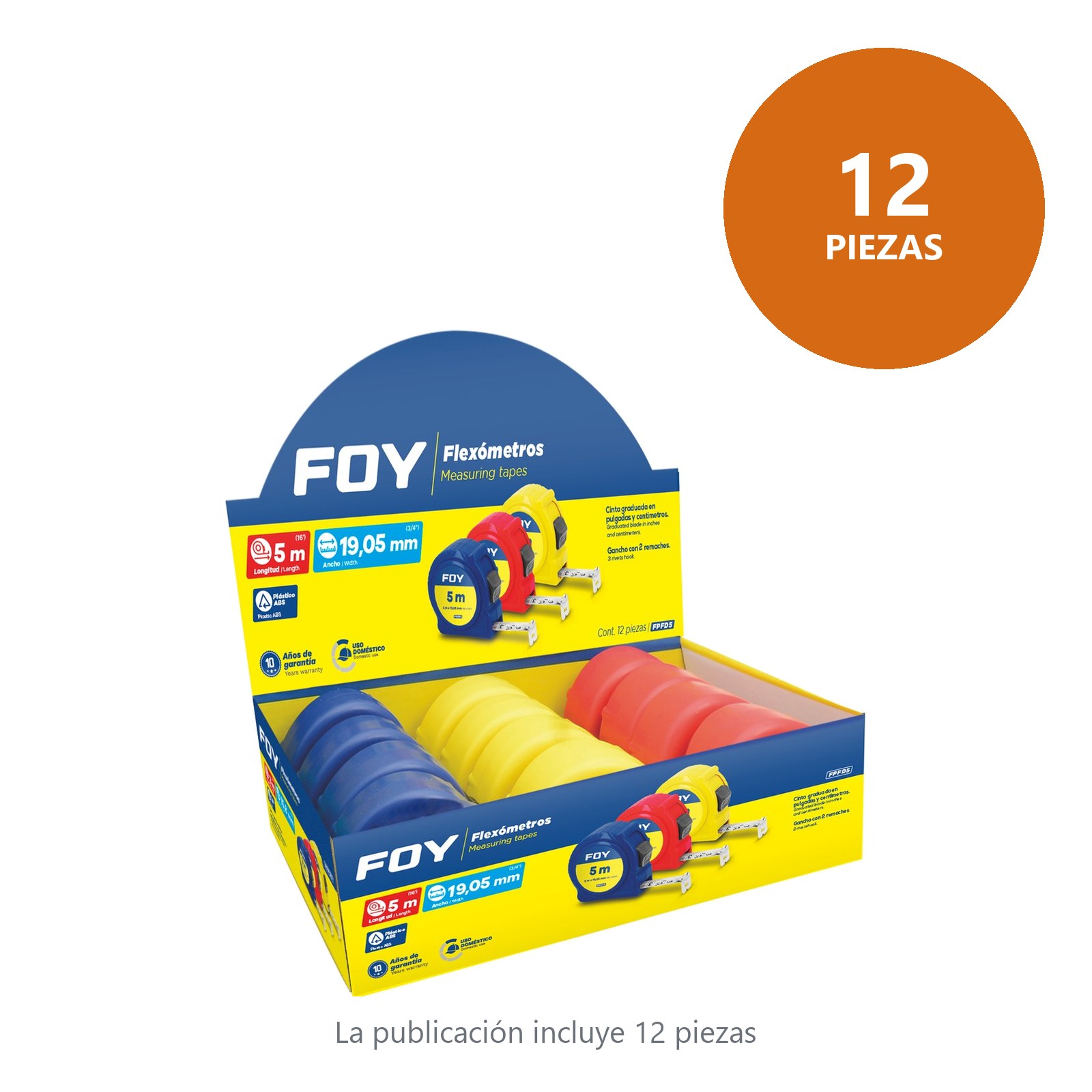 Flexómetros con carcasa de plástico colores en display, 5 m x 19 mm Foy - Imagen 3