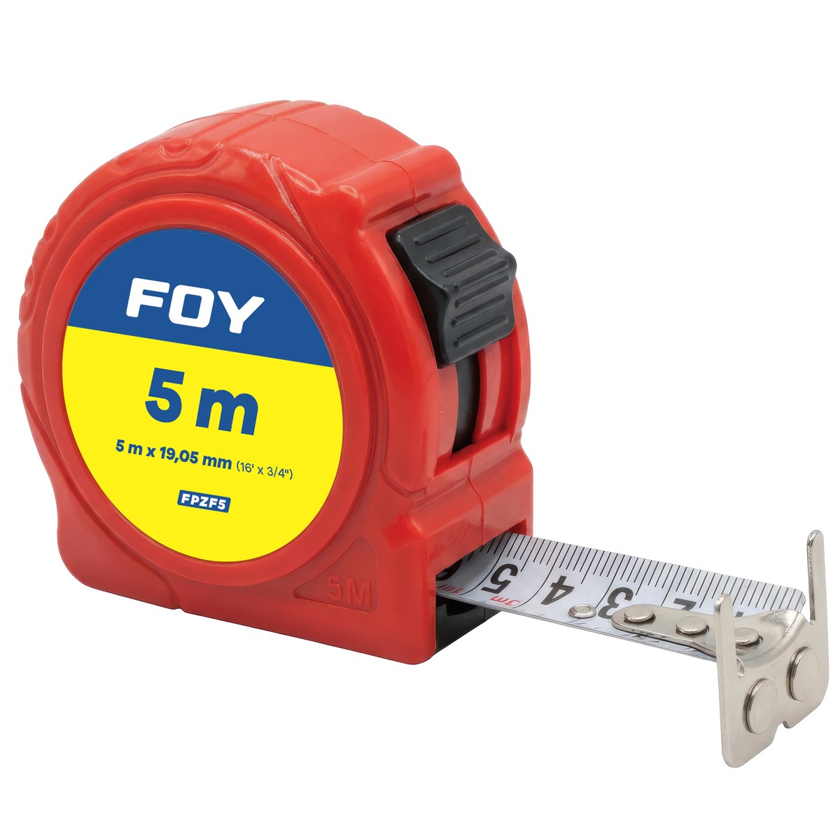 Flexómetro con carcasa de plástico color rojo, 5 m x 19 mm Foy