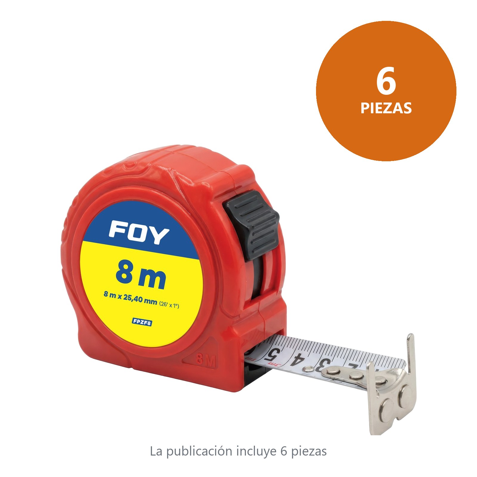 Flexómetro con carcasa de plástico color rojo, 8 m x 25 mm Foy - Imagen 3