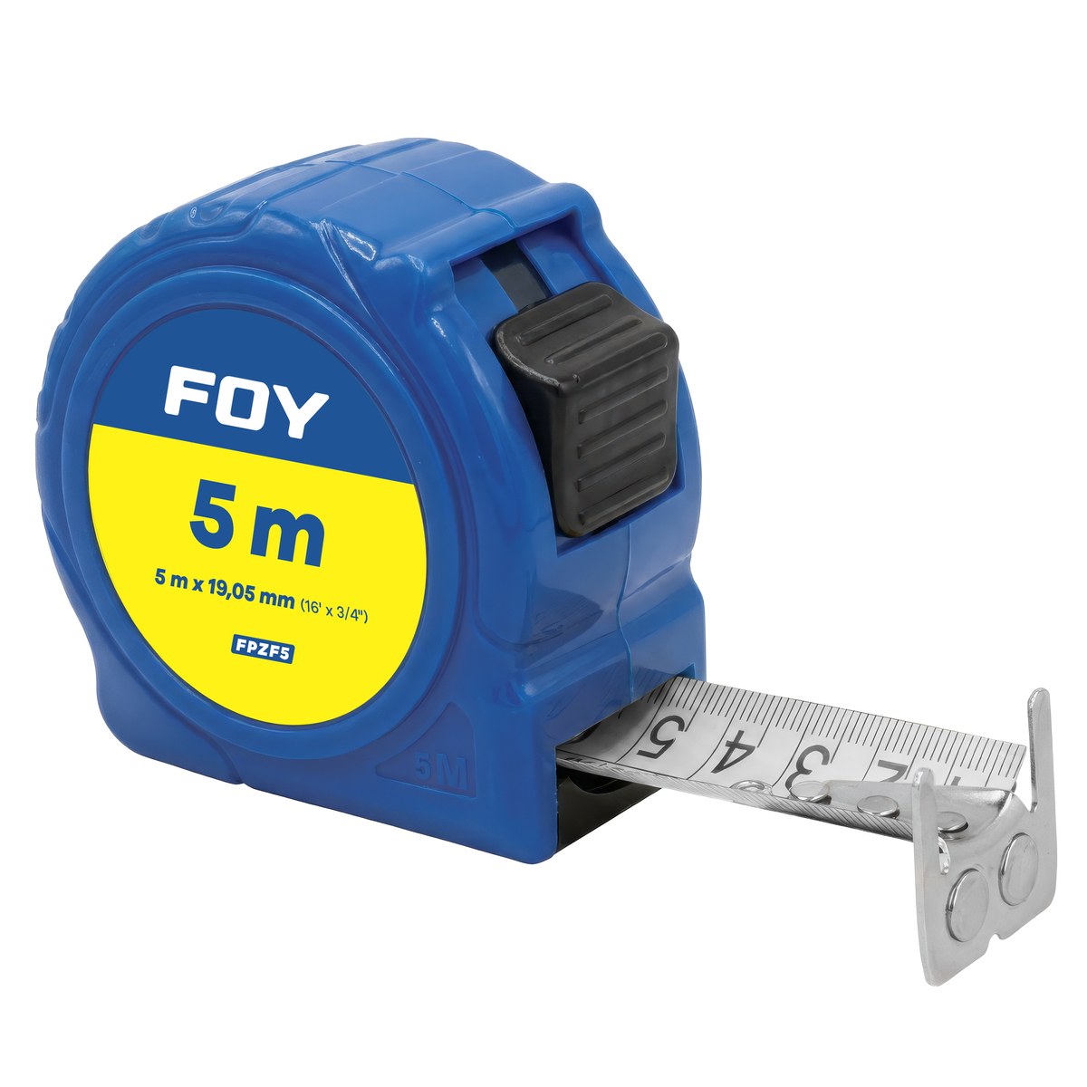 Flexómetro con carcasa de plástico color azul, 5 m x 19 mm Foy