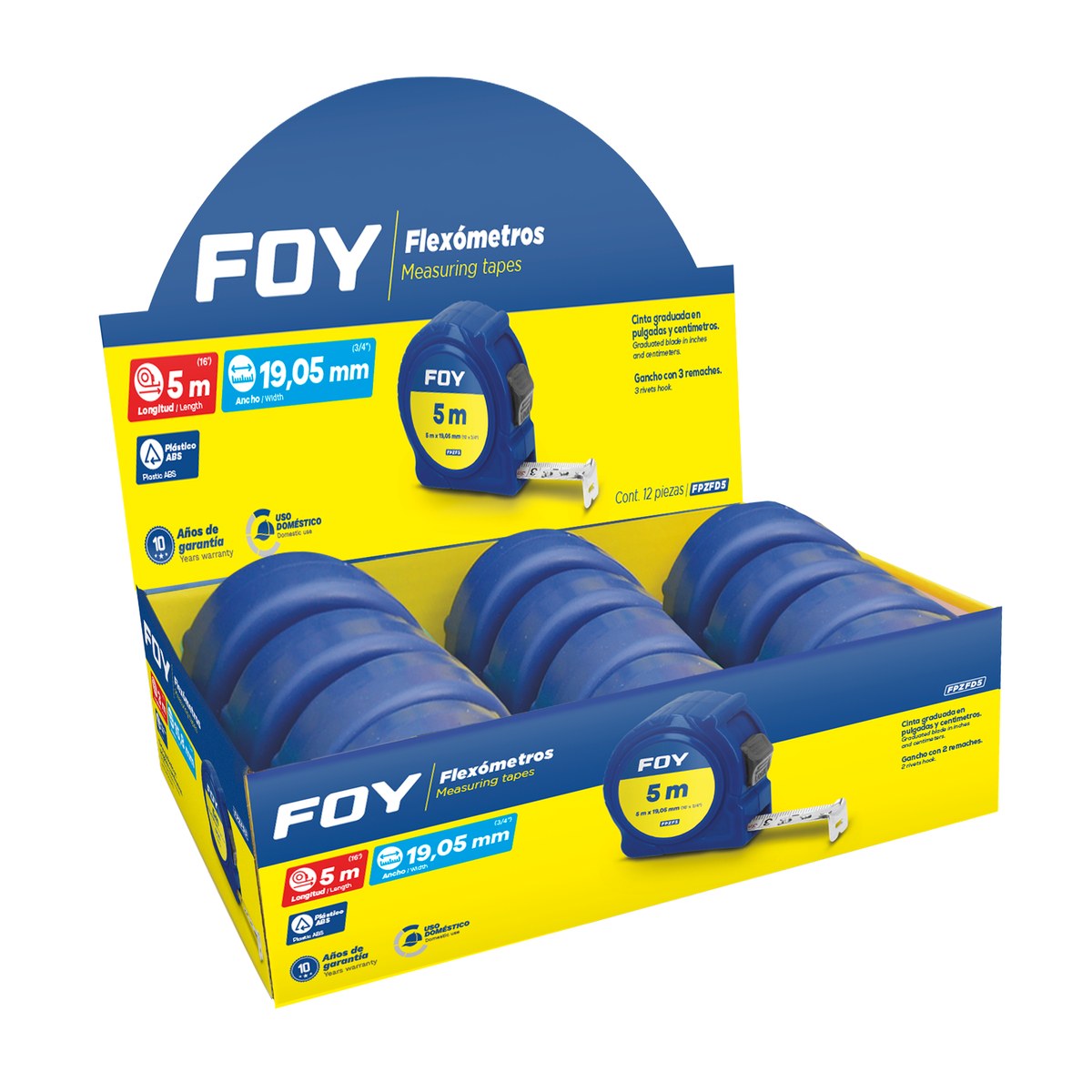 Flexómetros con carcasa de plástico azul en display, 5 m x 19 mm Foy - Imagen 2