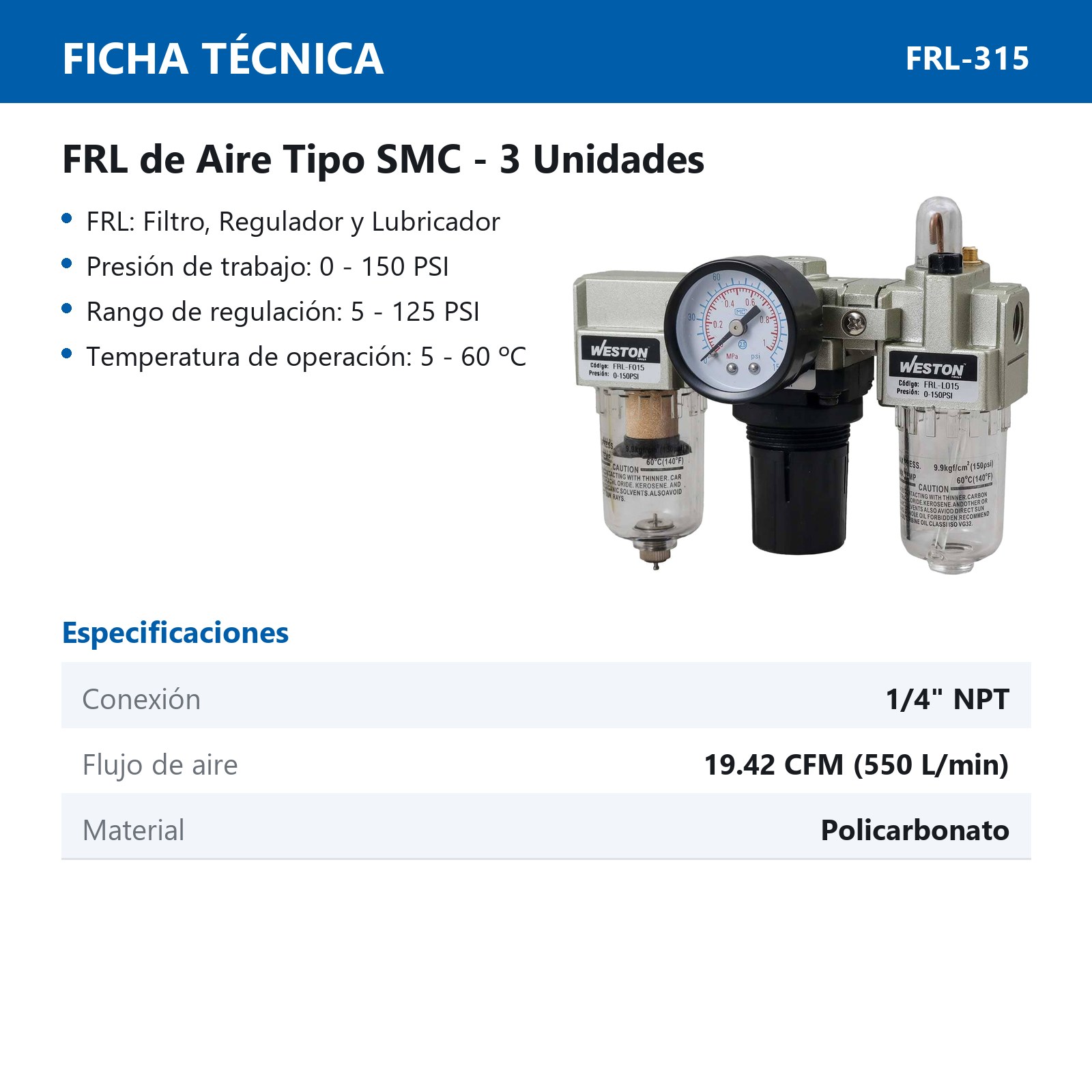 FRL TIPO SMC (3 UNIDADES) 1/4" NPT - Imagen 3