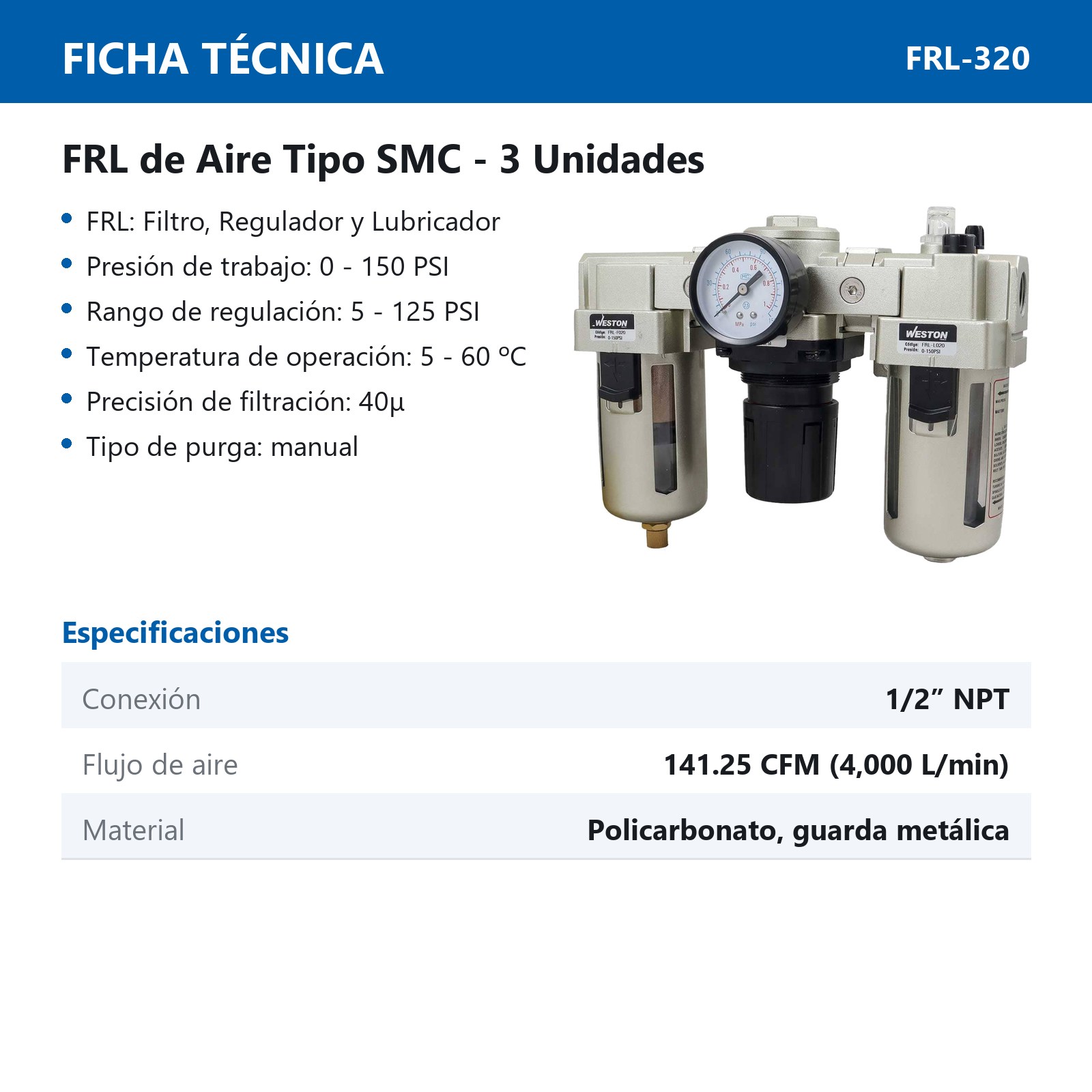 FRL TIPO SMC (3 UNIDADES) 1/2" NPT - Imagen 3