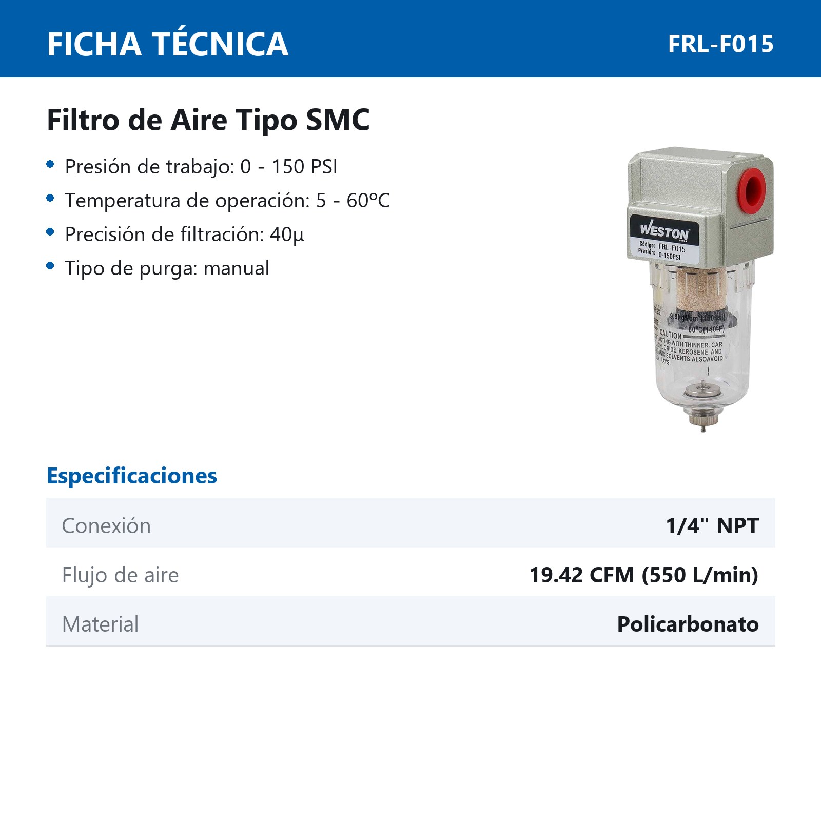 FILTRO DE AIRE TIPO SMC 1/4" NPT - Imagen 3