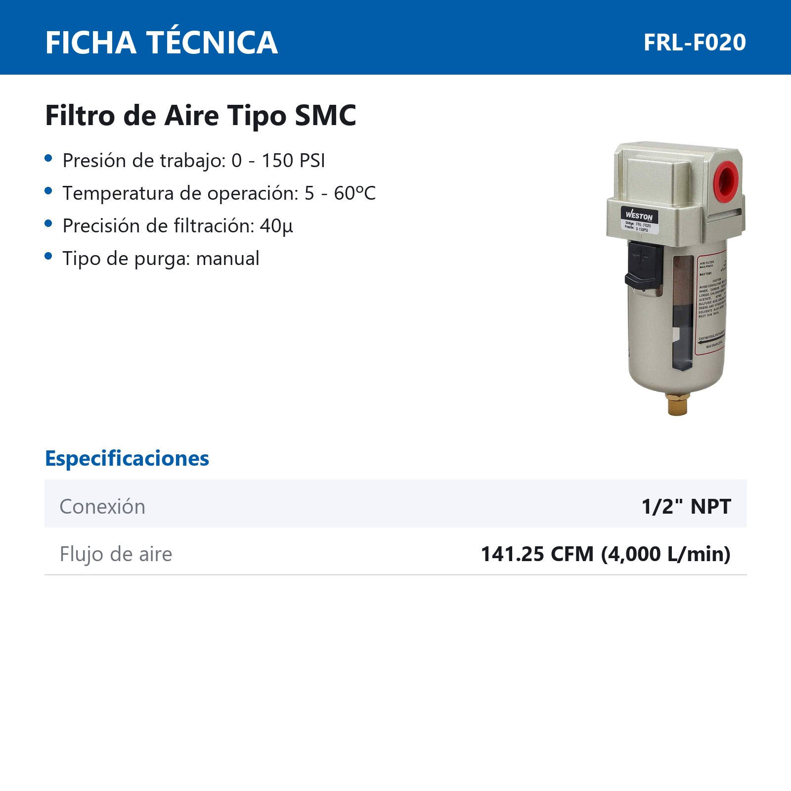 FILTRO DE AIRE TIPO SMC 1/2" NPT - Imagen 3