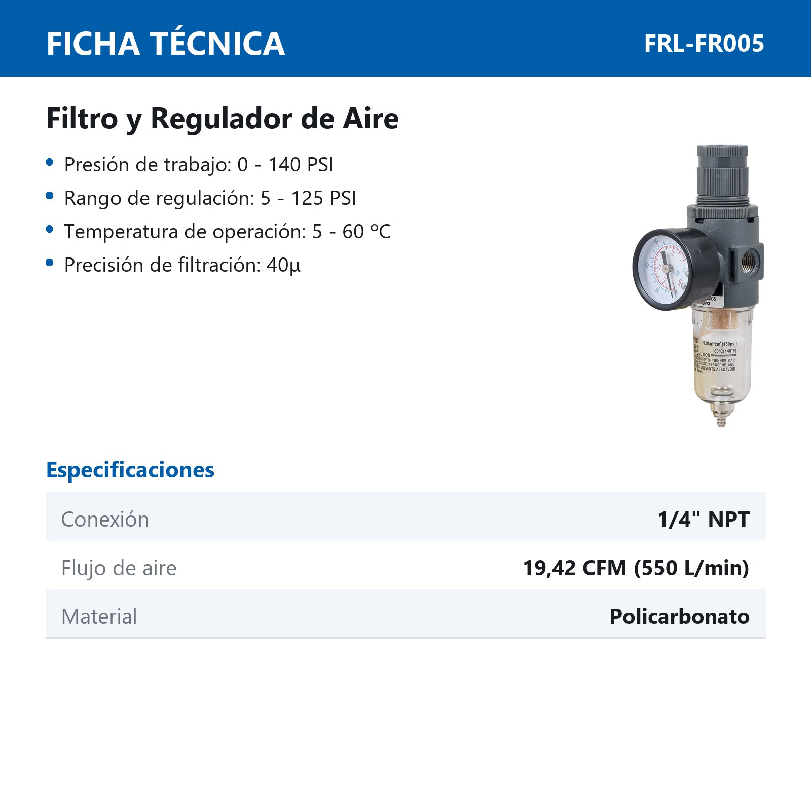 FILTRO REGULADOR DE AIRE 1/4" NPT - Imagen 4