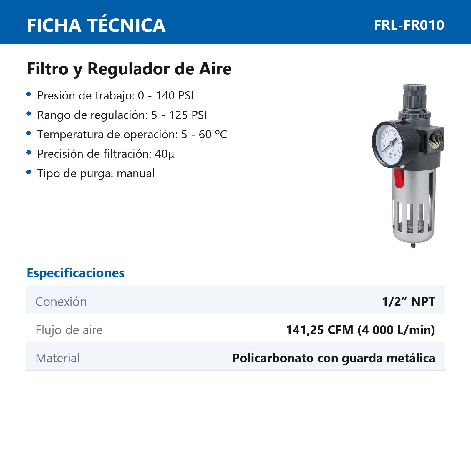FILTRO REGULADOR DE AIRE 1/2" NPT - Imagen 4