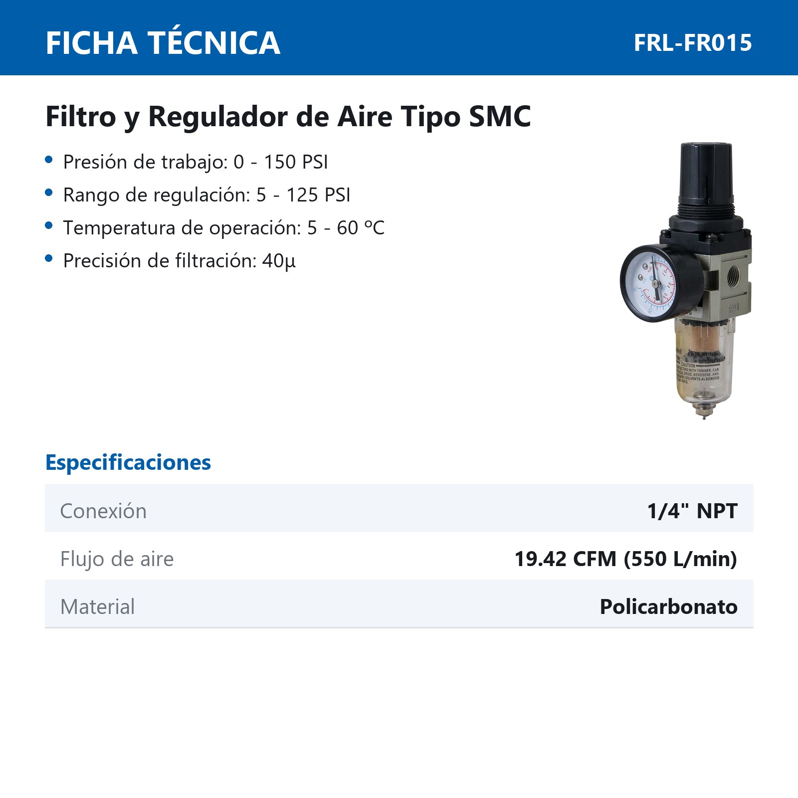 FILTRO REGULADOR DE AIRE TIPO SMC 1/4" NPT - Imagen 4