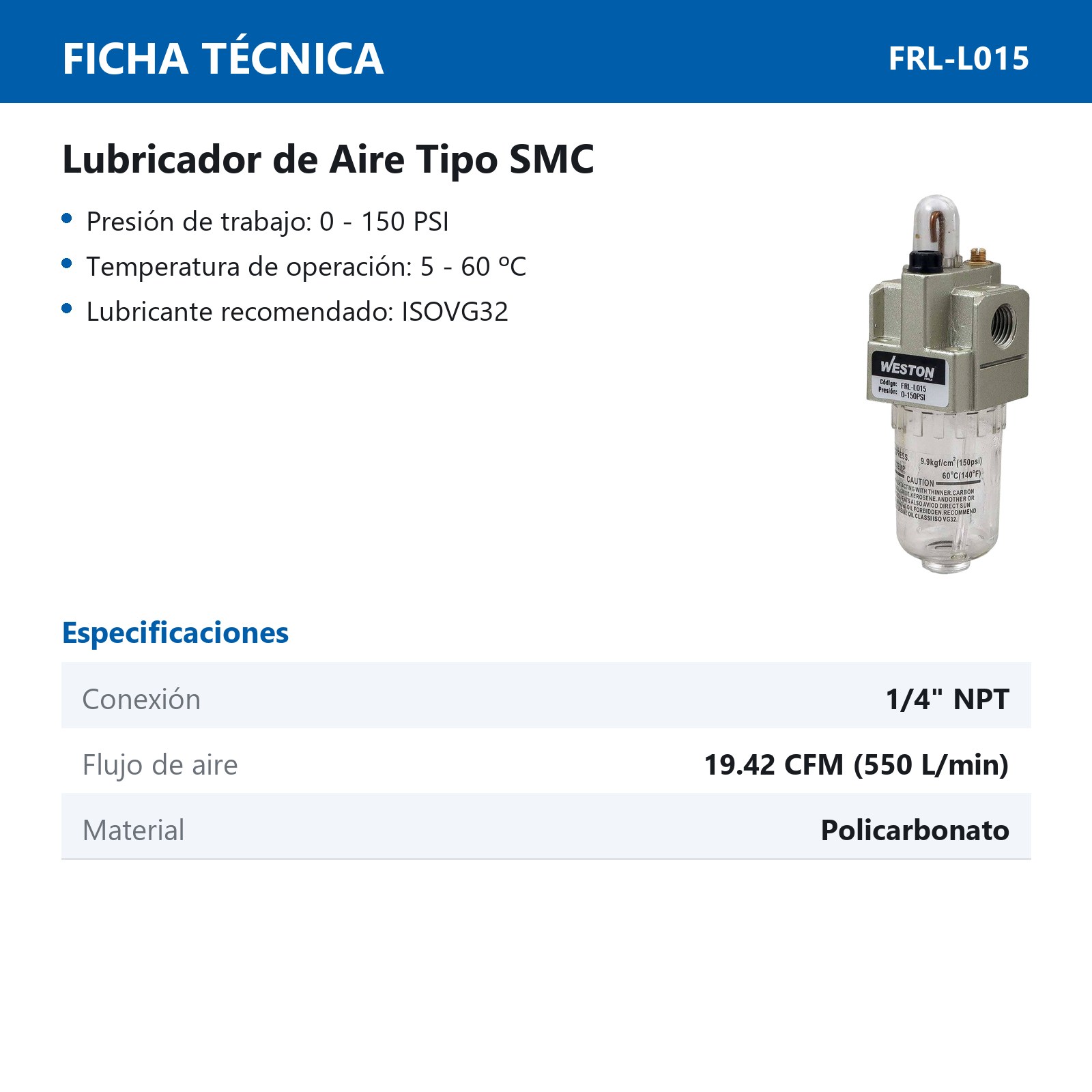 LUBRICADOR DE AIRE TIPO SMC 1/4" NPT - Imagen 3