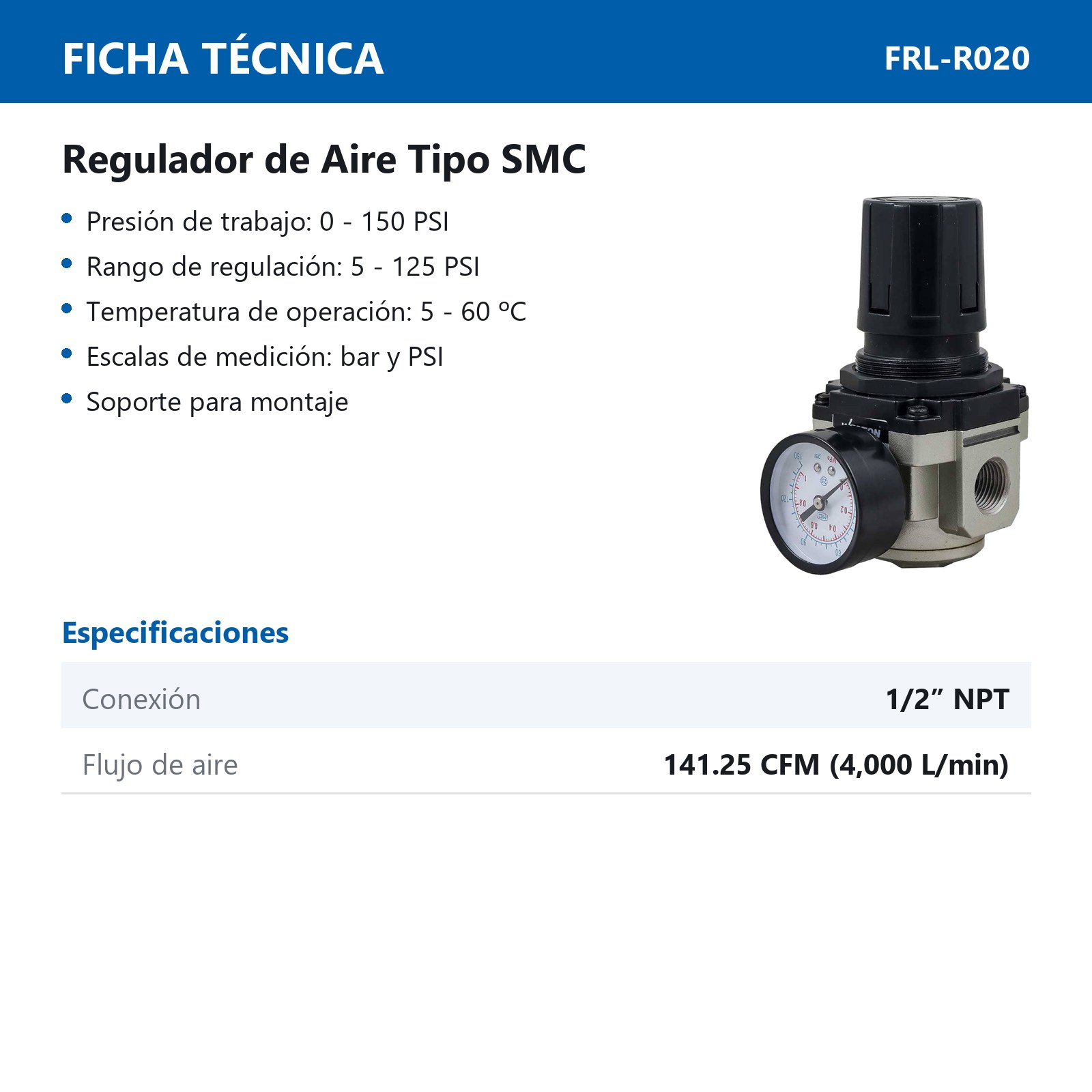 REGULADOR DE AIRE TIPO SMC 1/2" NPT - Imagen 4