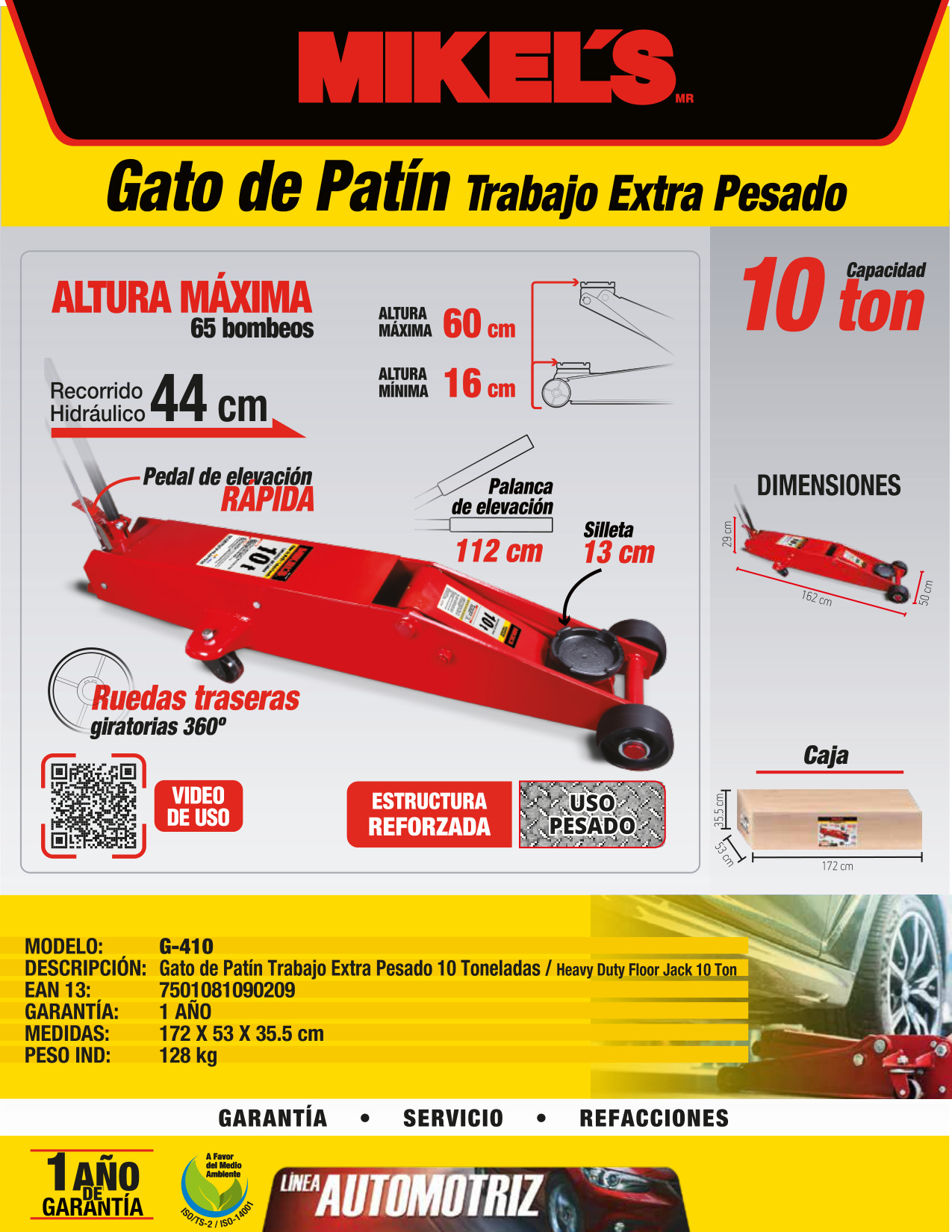 MIKELS G-410 Gato hidráulico de patín Trabajo Extra Pesado (10 ton) - Imagen 4