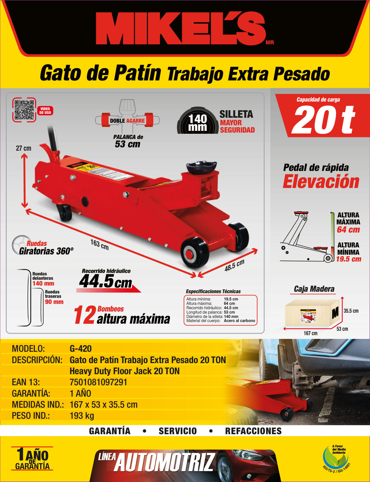 MIKELS G-420 Gato hidráulico de patín Trabajo Extra Pesado (20 ton) - Imagen 4