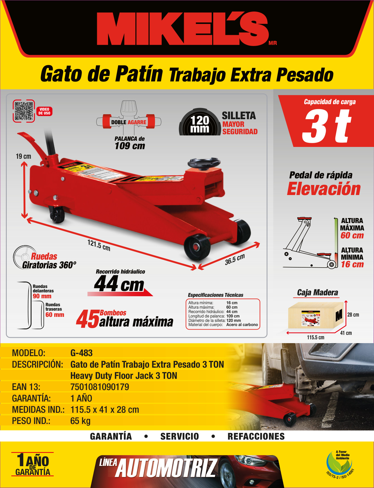 MIKELS G-483 Gato hidráulico de patín Trabajo Extra Pesado (3 ton) - Imagen 4