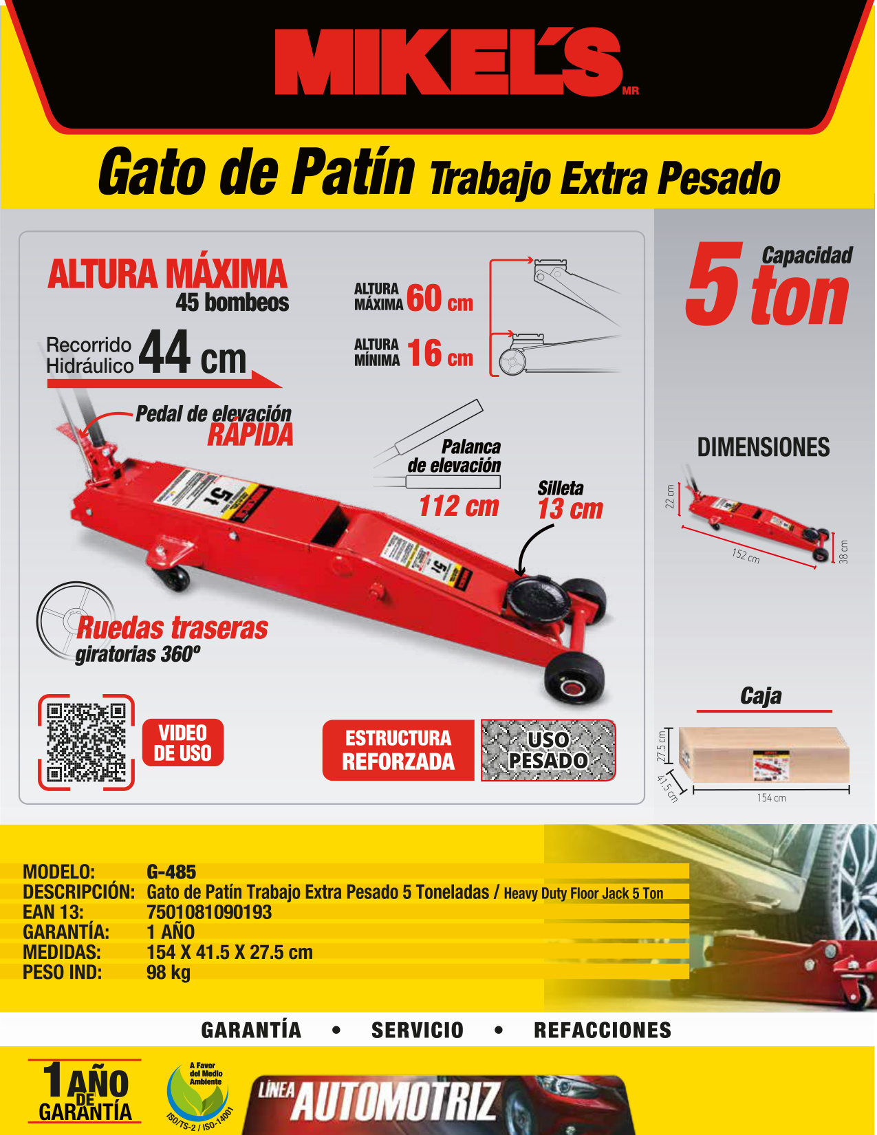 MIKELS G-485 Gato hidráulico de patín Trabajo Extra Pesado (5 ton) - Imagen 4