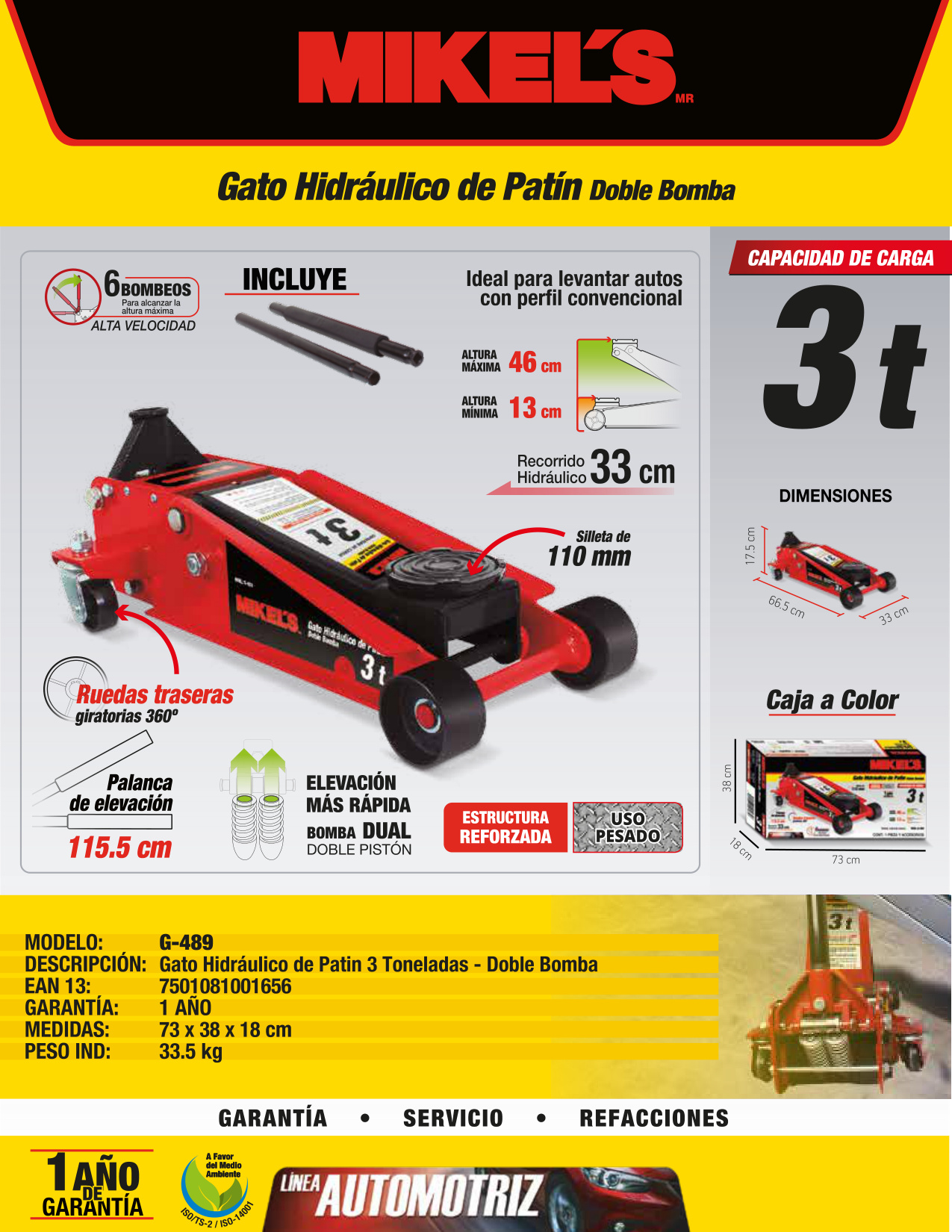 MIKELS G-489 Gato hidráulico de patín Trabajo Pesado (3 ton) - Imagen 4