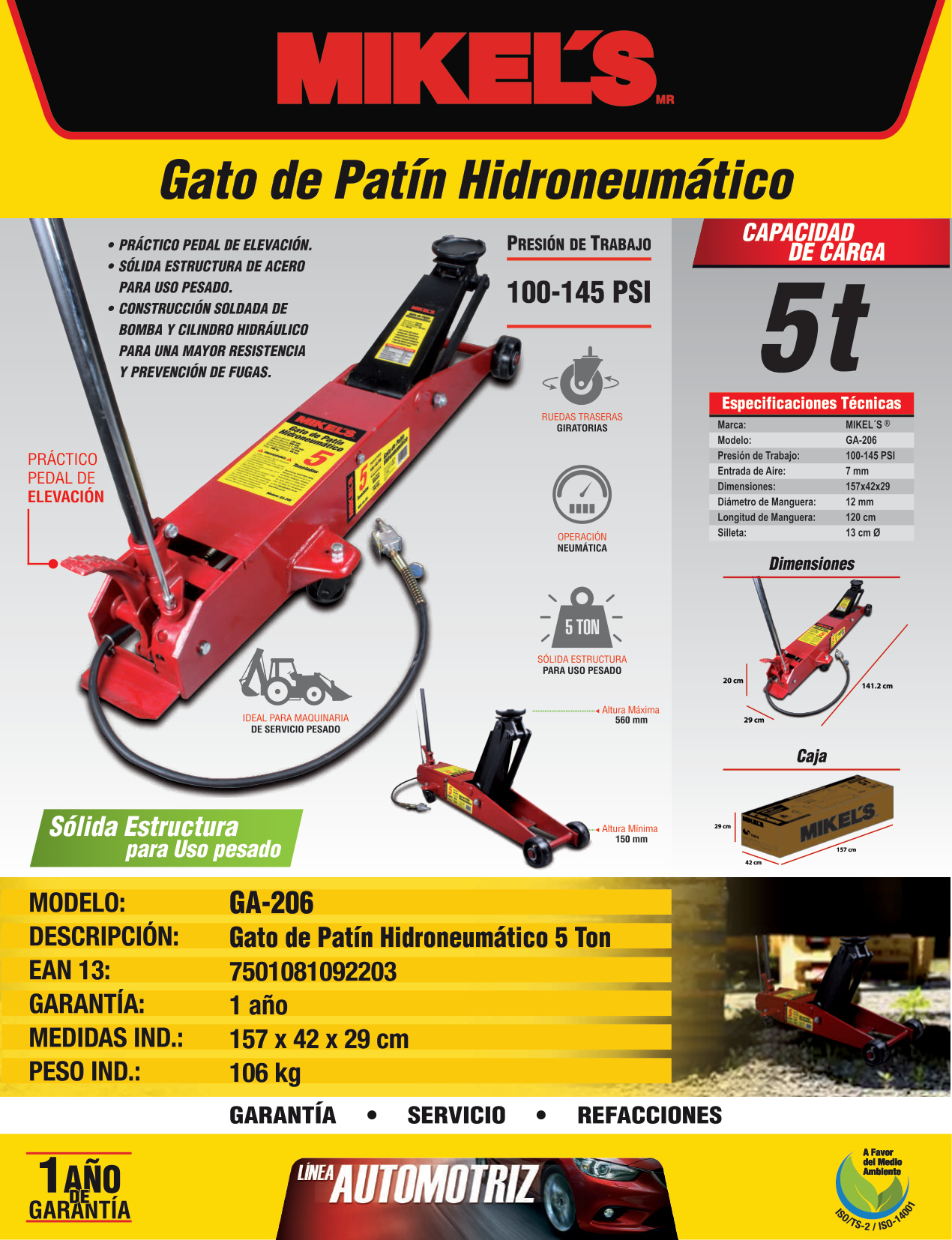 MIKELS GA-206 Gato hidroneumático de patín Servicio Pesado (5 ton) - Imagen 4