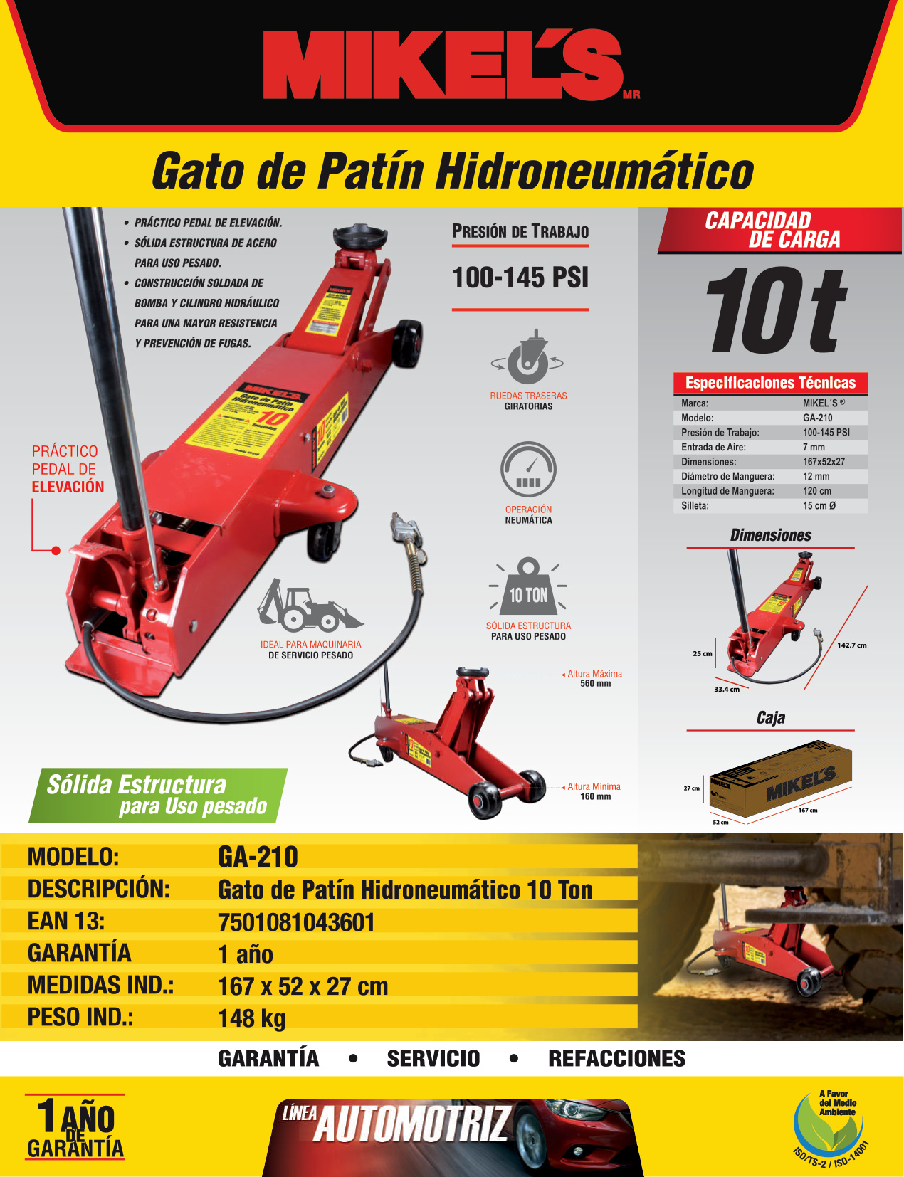 MIKELS GA-210 Gato hidroneumático de patín Servicio Pesado (10 ton) - Imagen 4