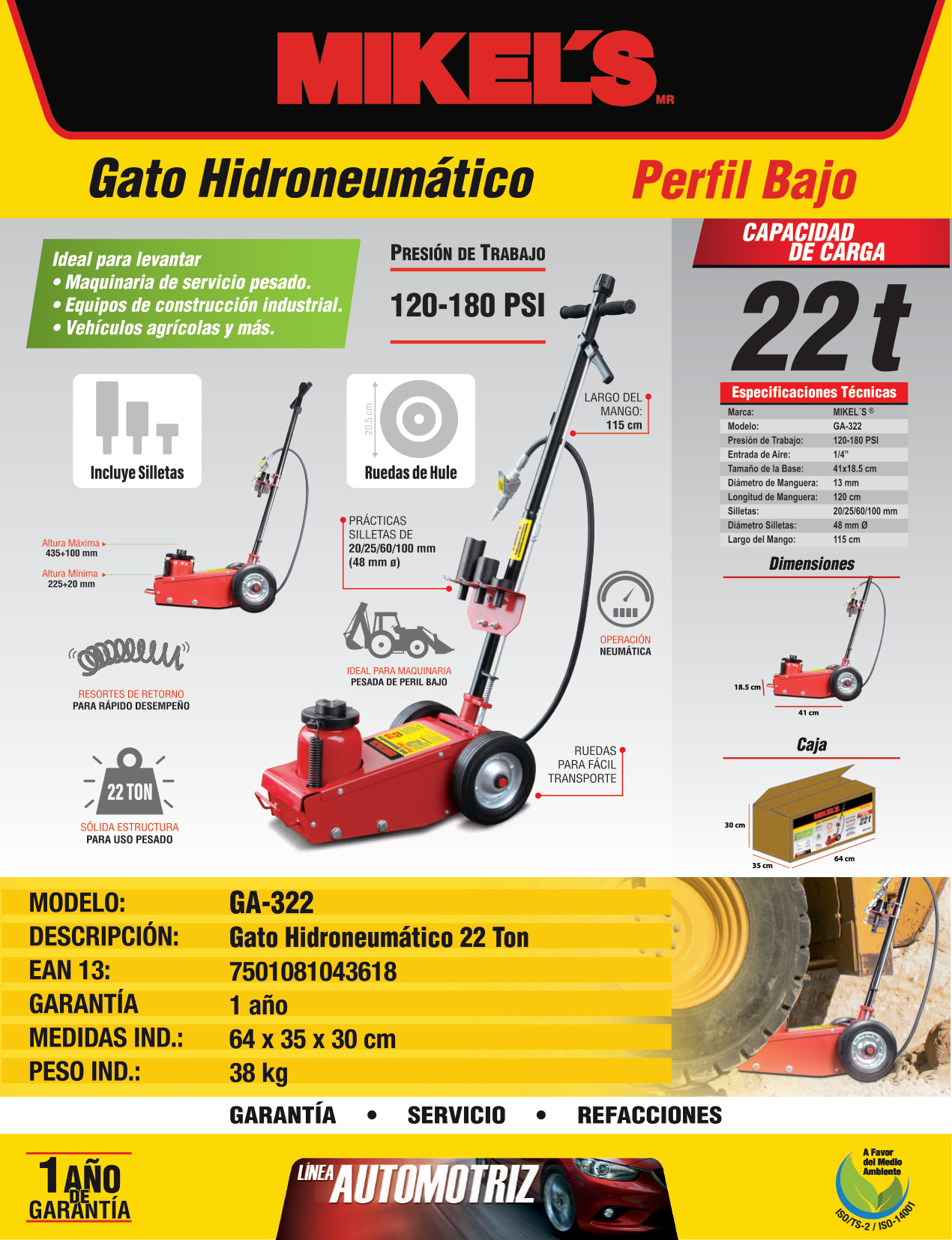 MIKELS GA-322 Gato hidroneumático de botella uso profesional equipo pesado (22 ton) - Imagen 4
