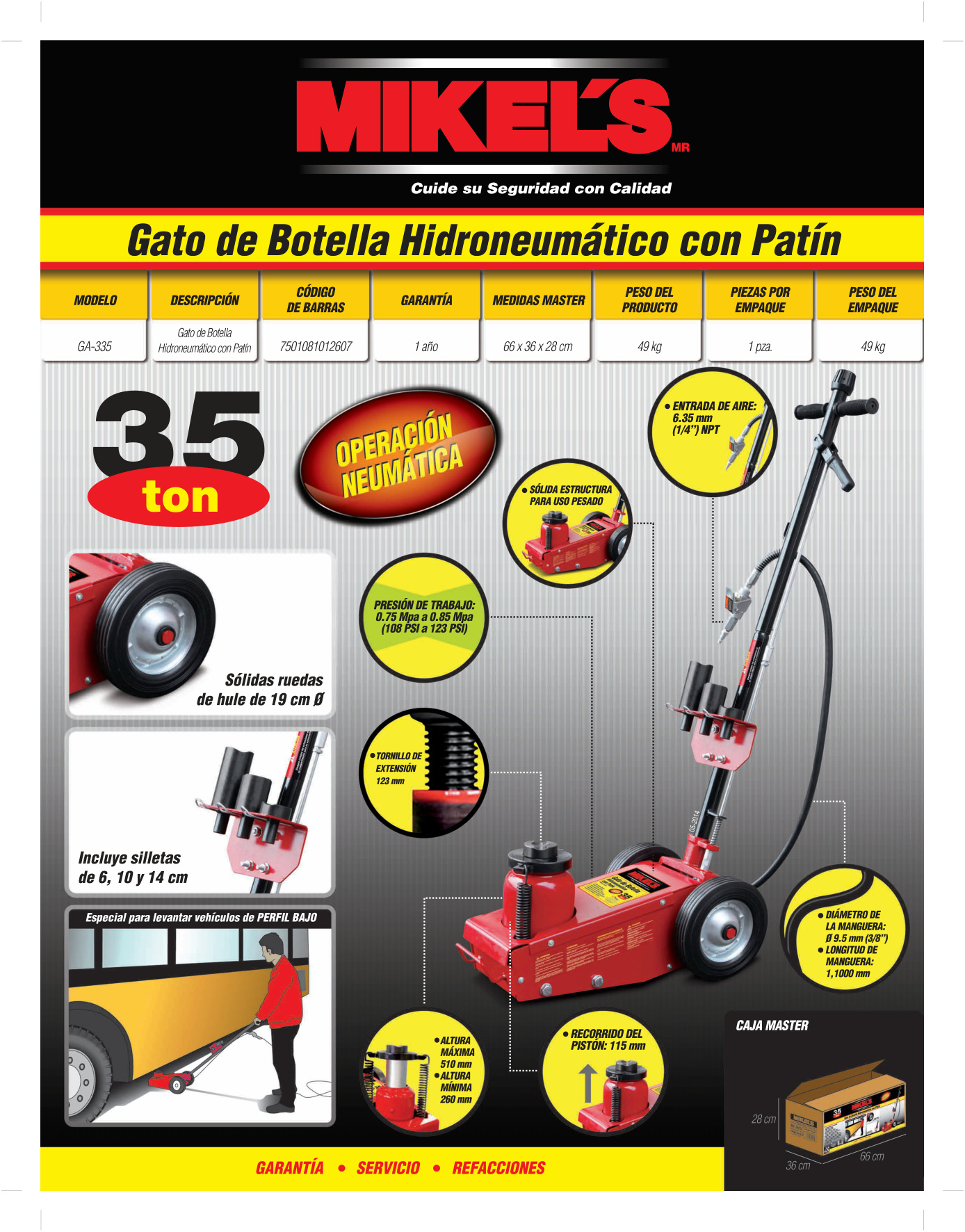 MIKELS GA-335 Gato hidroneumático de botella uso profesional equipo pesado (35 ton) - Imagen 4