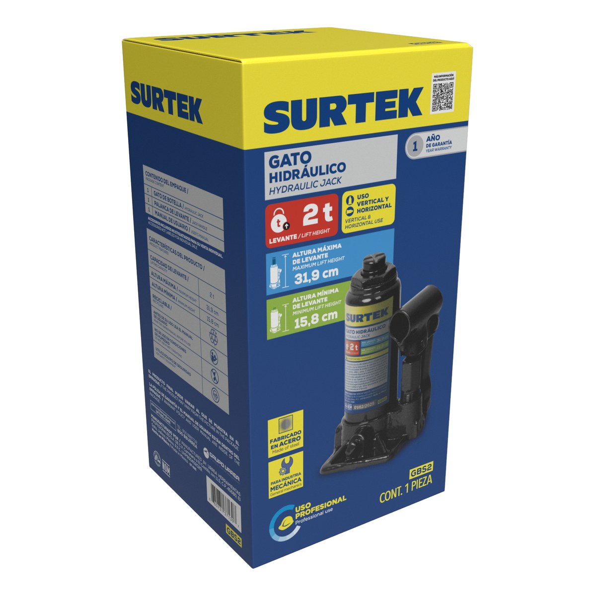Gato hidráulico de botella, 2 ton Surtek - Imagen 2