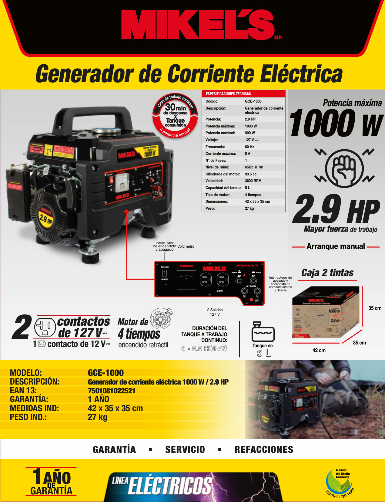 MIKELS GCE-1000 Generador de corriente eléctrica motor 4 tiempos (1,000 W / 2.9 HP) - Imagen 4