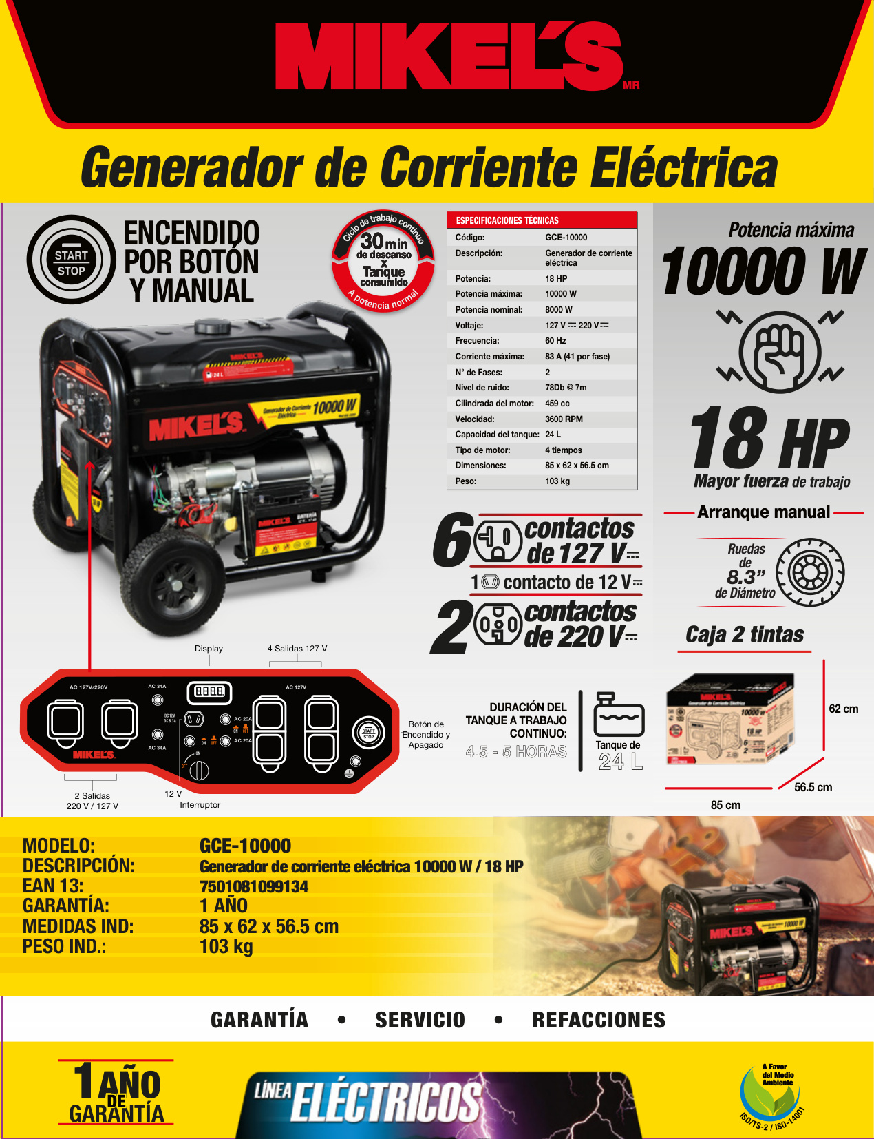 MIKELS GCE-10000 Generador de corriente eléctrica motor 4 tiempos (10,000 W / 16 HP) - Imagen 4